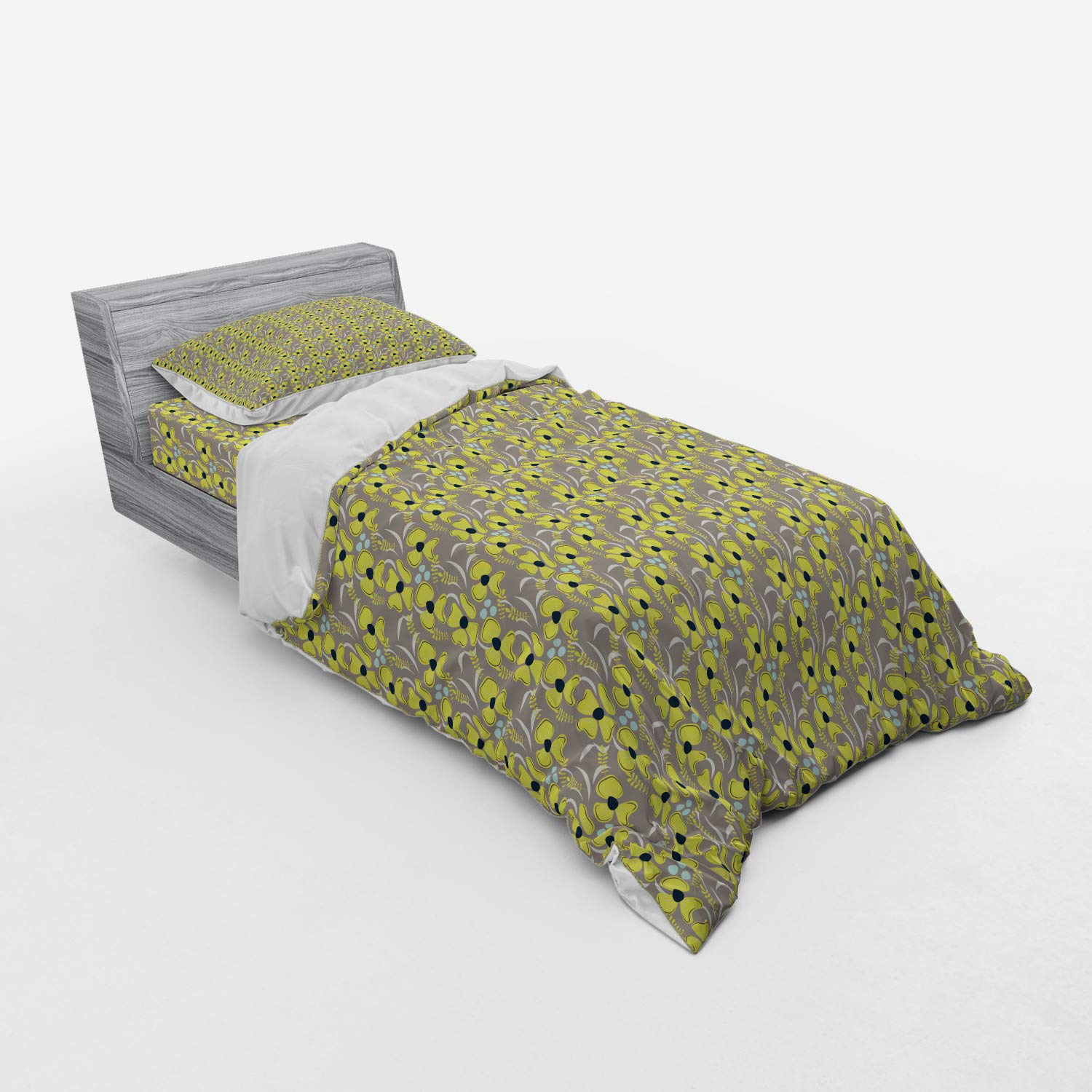 Ambesonne Taupe Duvet Cover Set - Romantic Meadow Floral Design, 3-Piece Bedding Set with Sham & Fitted Sheet, Twin XL Size in Indigo Yellow Taupe - Perfect for Spring Bedroom Decor & Feminine Home Styling