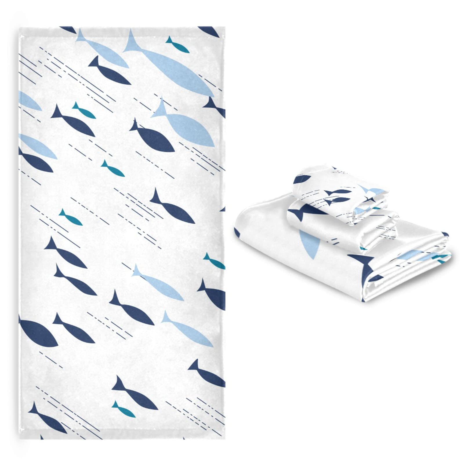 Premium 3-Piece Blue Fish Bath Towel Set - 1 Bath Towel, 1 Hand Towel, 1 Washcloth | Ultra Absorbent & Quick-Drying Soft Cotton Towels for Bathroom, Hotel, Gym, Spa, Beach & Home Use