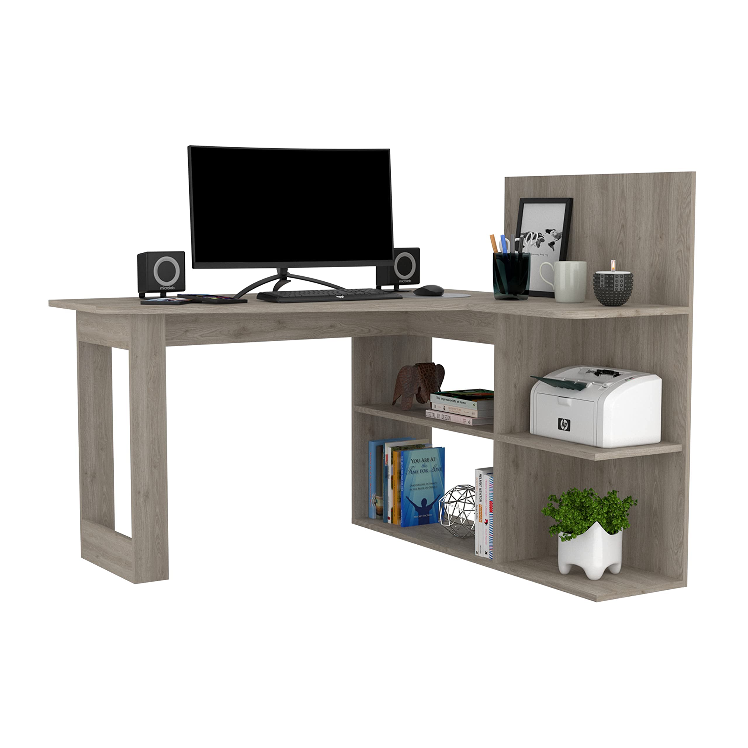 Modern L-Shaped Computer Desk with 4 Shelves - Light Gray Home Office Desk for Small Spaces, Gaming & Study - Ergonomic Workstation for PC, Laptop & Office Setup