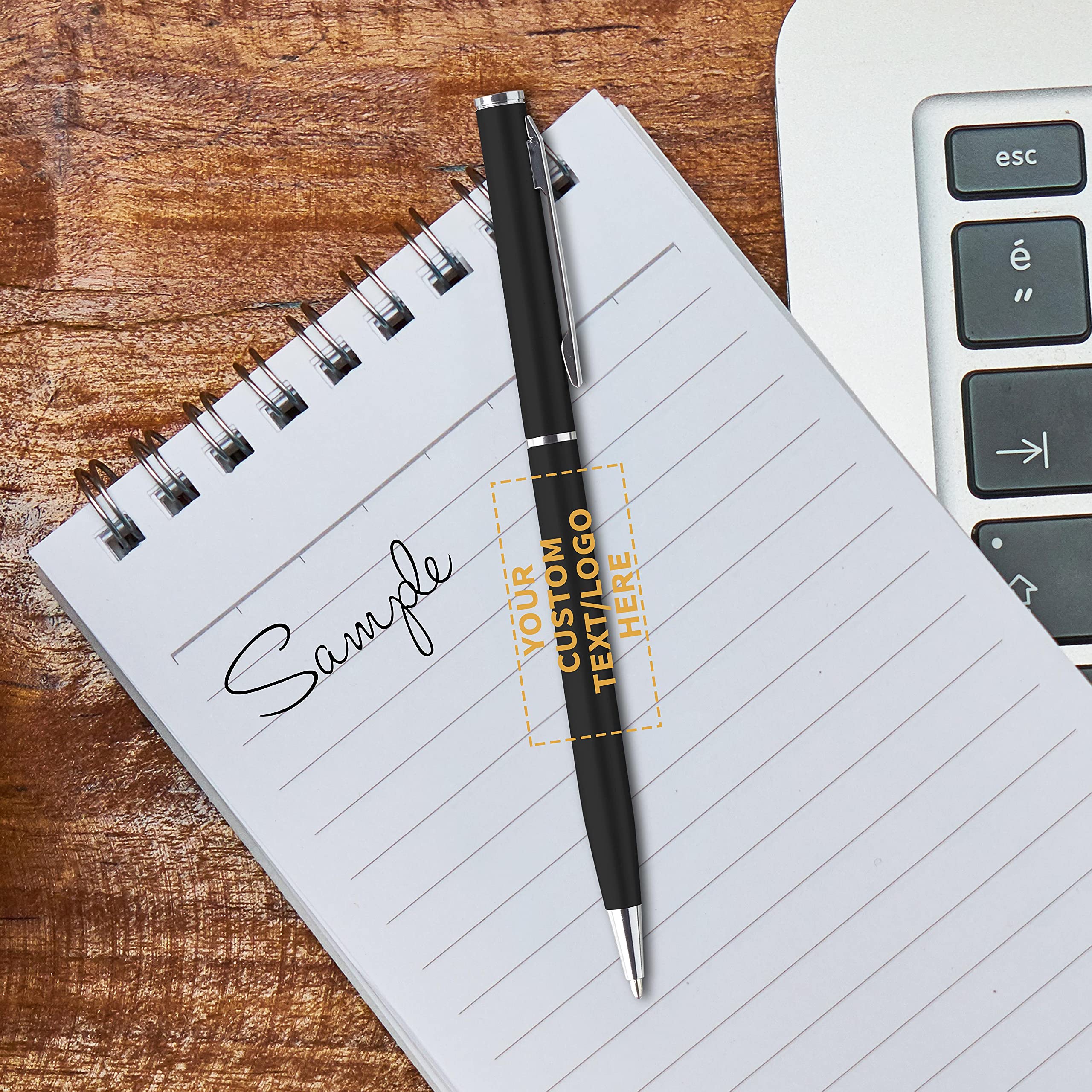 100 Pack Skinny Ballpoint Metal Pens - Customizable with Text & Logo - Sleek Twist-Off Design with Black Ink - Premium Office & School Supplies for Business Gifts, Promotions & Everyday Writing