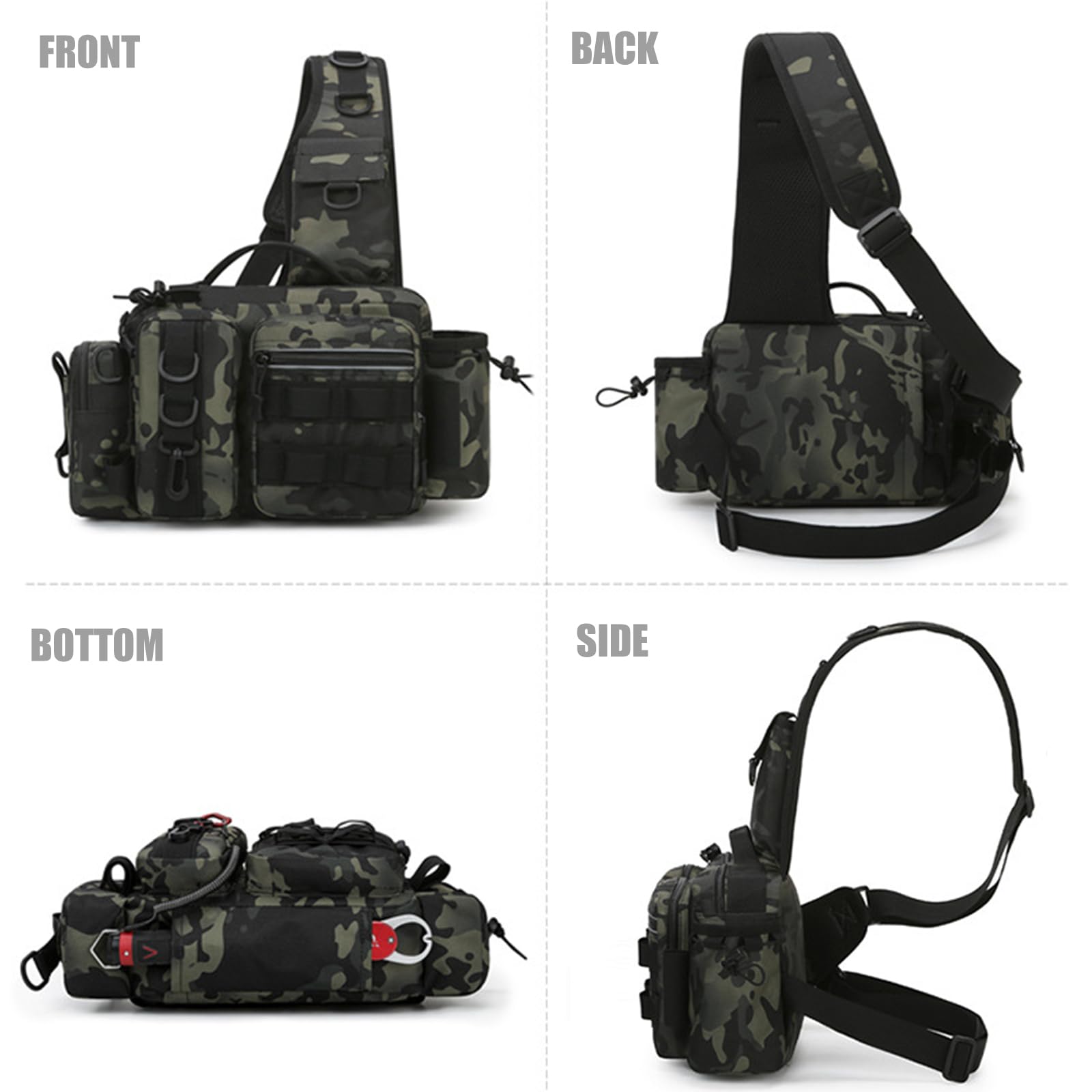 Waterproof Nylon Fishing Backpack with Rod Holder - Fly Fishing Gear Storage Bag for Men, Outdoor Fishing Tackle Organizer, Sling Shoulder Pack for Hiking & Camping (Black Camo)