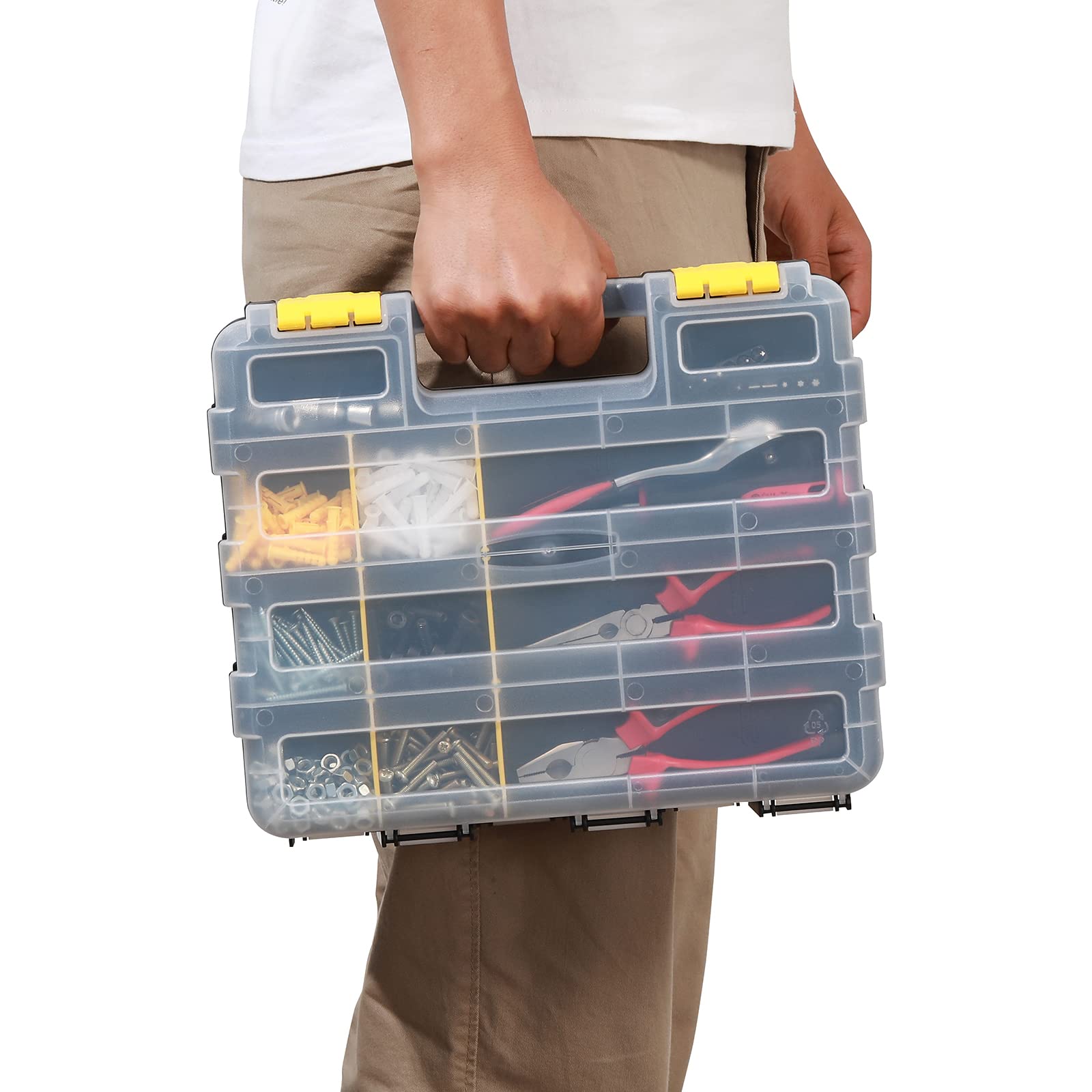 Mayouko Double-Sided Tool Organizer with Customizable Removable Plastic Dividers - 34-Compartment Hardware Storage Box for Small Parts (Black/Yellow) - Perfect for Workshop, Garage & DIY Projects