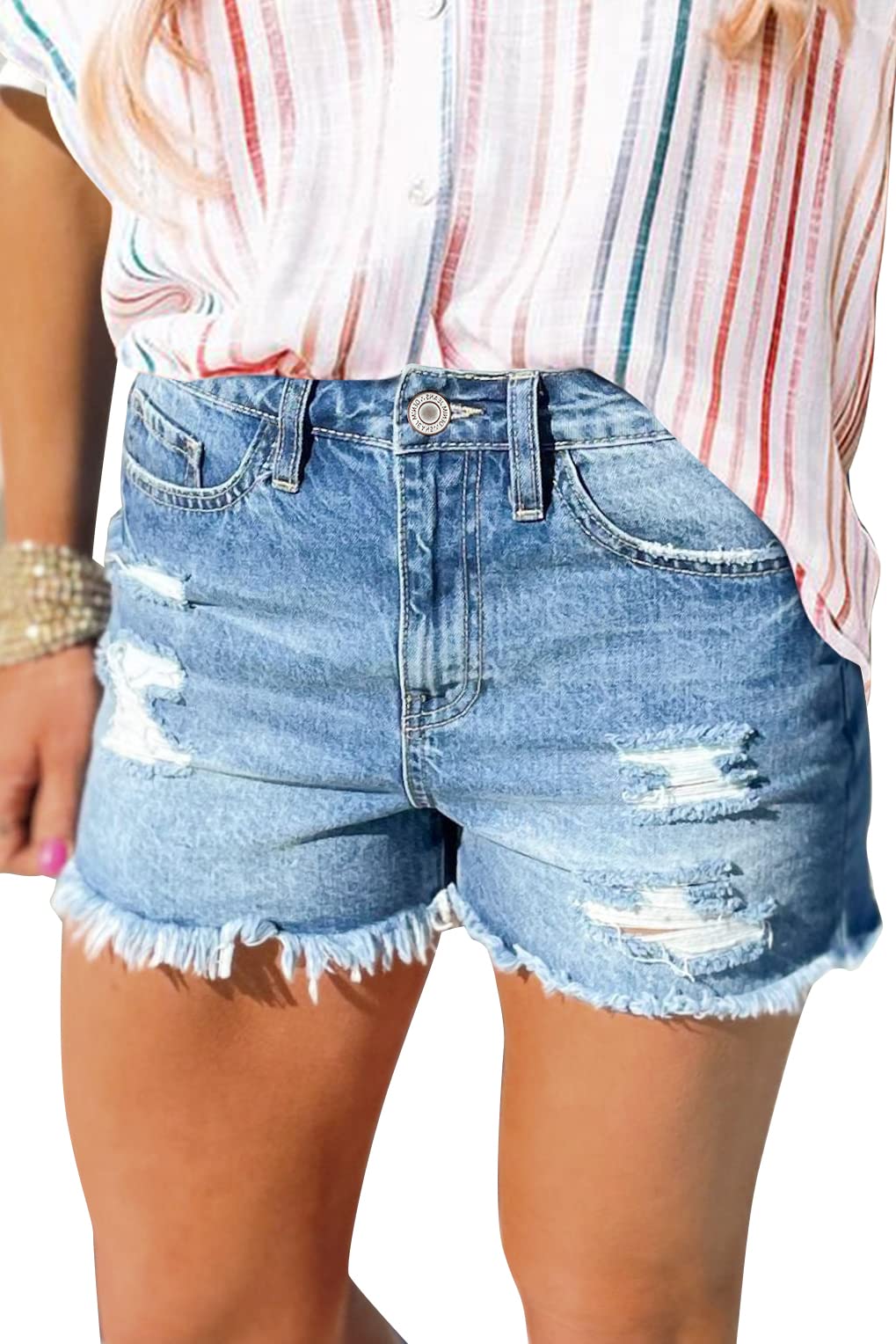 JMITHA Women's High Waist Distressed Denim Shorts - Stretchy Raw Edge Jean Shorts for Juniors | Perfect for Summer Outfits, Beach Trips & Casual Wear