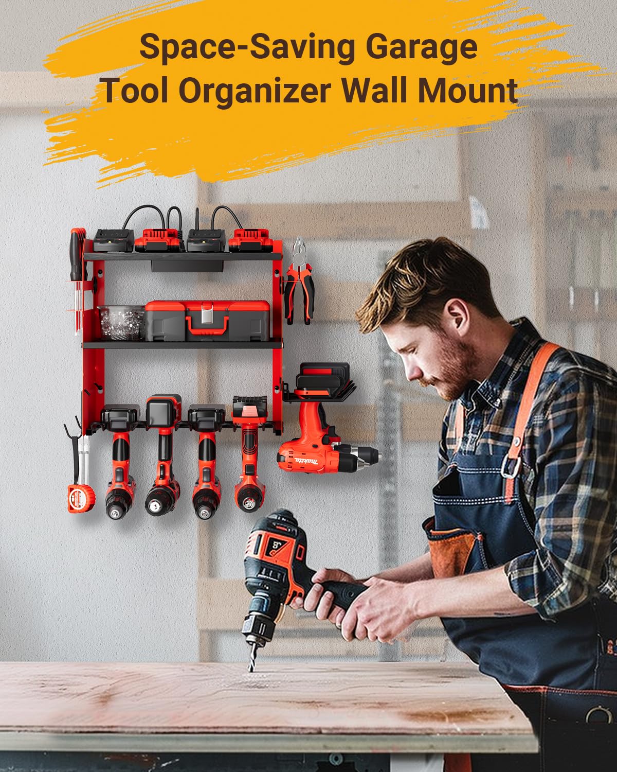 Dunatou Adjustable Power Tool Organizer Wall Mount with Charging Station - 6 Drill Holder & 4 Outlet - Wood Garage Tool Organizer with Hooks - Perfect for DIY, Workshop, and Home Garage Organization
