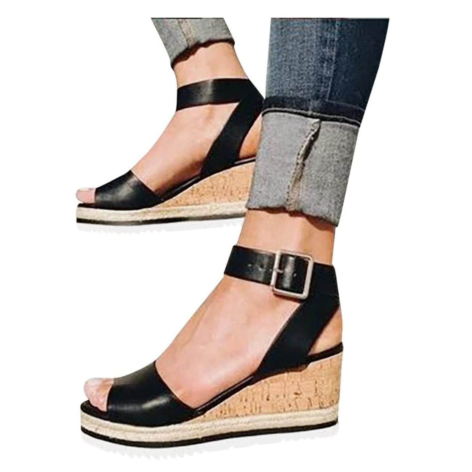 Women's Wedge Sandals - Open Toe Dressy Summer Platform Sandals with Buckle Ankle Strap | Comfortable Beach Wedges for Casual Outings & Vacation Wear