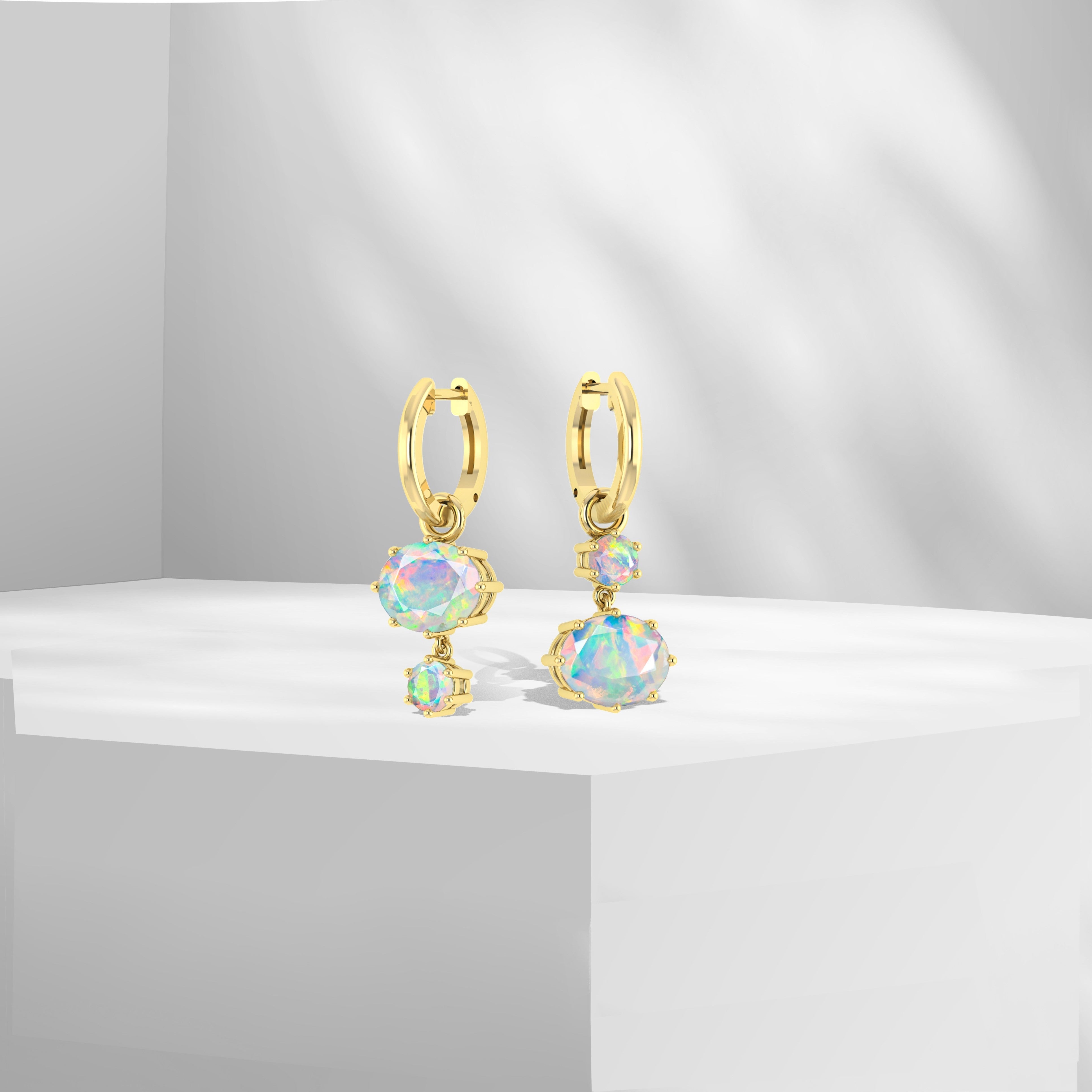 Blue Fire Opal Dual Round Stone Hoop Earrings for Women | Handmade Sterling Silver Jewelry | Perfect for Parties, Weddings & Special Occasions