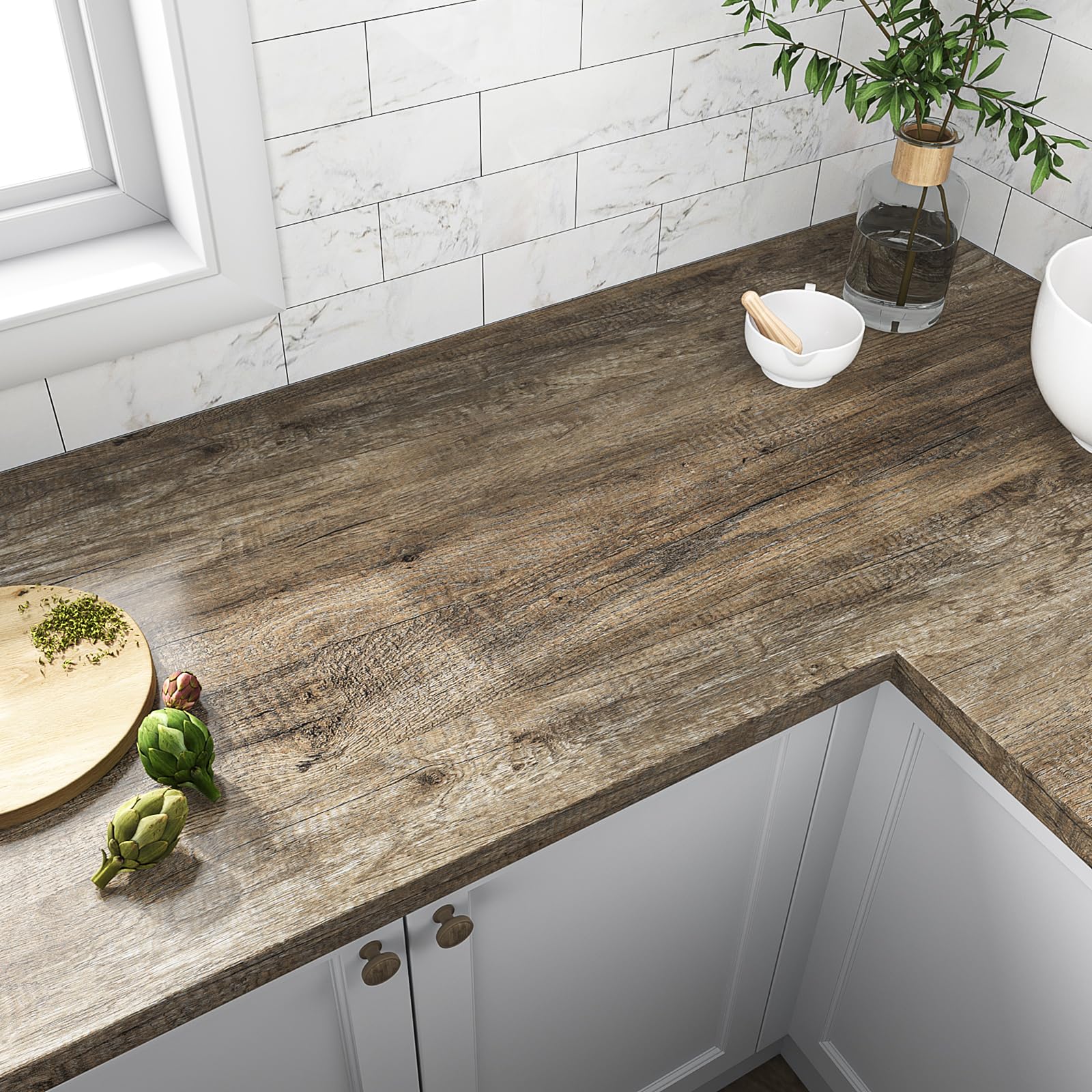 VEELIKE Light Brown Wood Wallpaper Peel and Stick - 15.7''x118'' Rustic Wood Plank Contact Paper, Self-Adhesive Waterproof Removable Wood Grain Vinyl Wrap for Cabinets, Furniture, Desk, Walls - Perfect for Home Office, Kitchen Backsplash, DIY Projects & Room Makeovers