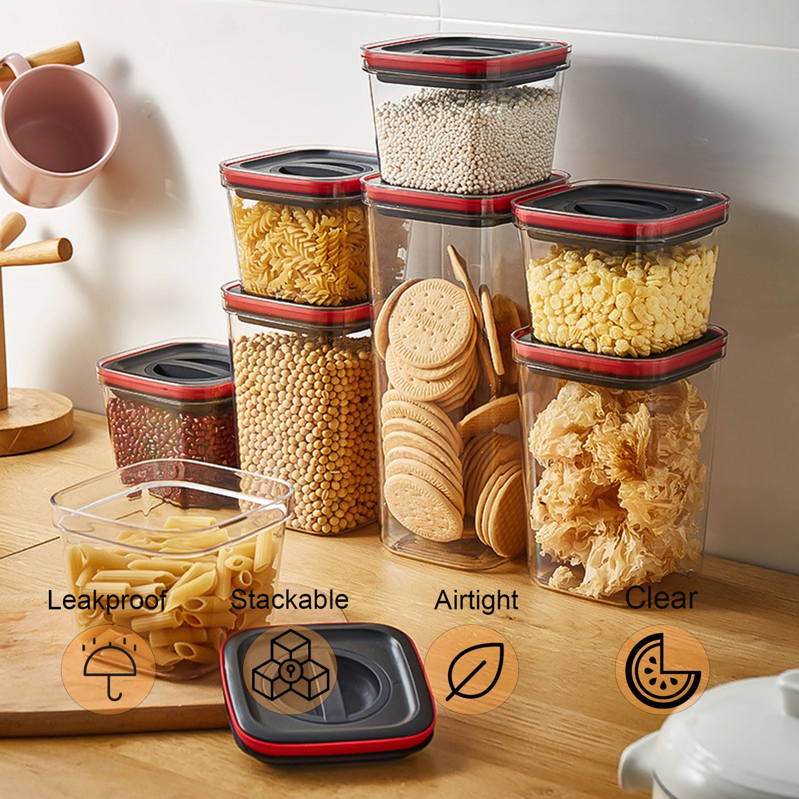 6-Piece Airtight Cereal Storage Containers with Lids & Spoon Set - BPA-Free Plastic Kitchen Organizers with Silicone Seal for Pantry, Flour, Rice, Pasta & Dry Food Storage - Perfect for Home, Office & Dorm Organization