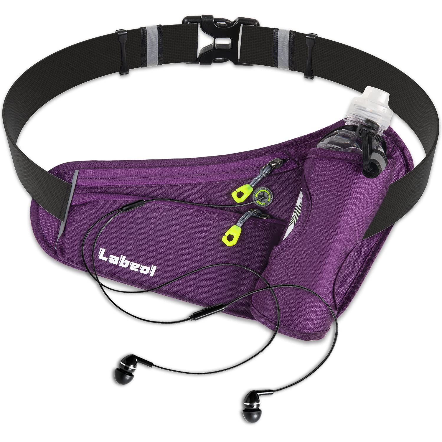 Labeol Adjustable Running Belt with Water Bottles - 2 Zipper Pockets Hydration Waist Pack for Men & Women - Lightweight Fanny Pack for Hiking, Climbing, Jogging & Outdoor Activities (Purple)