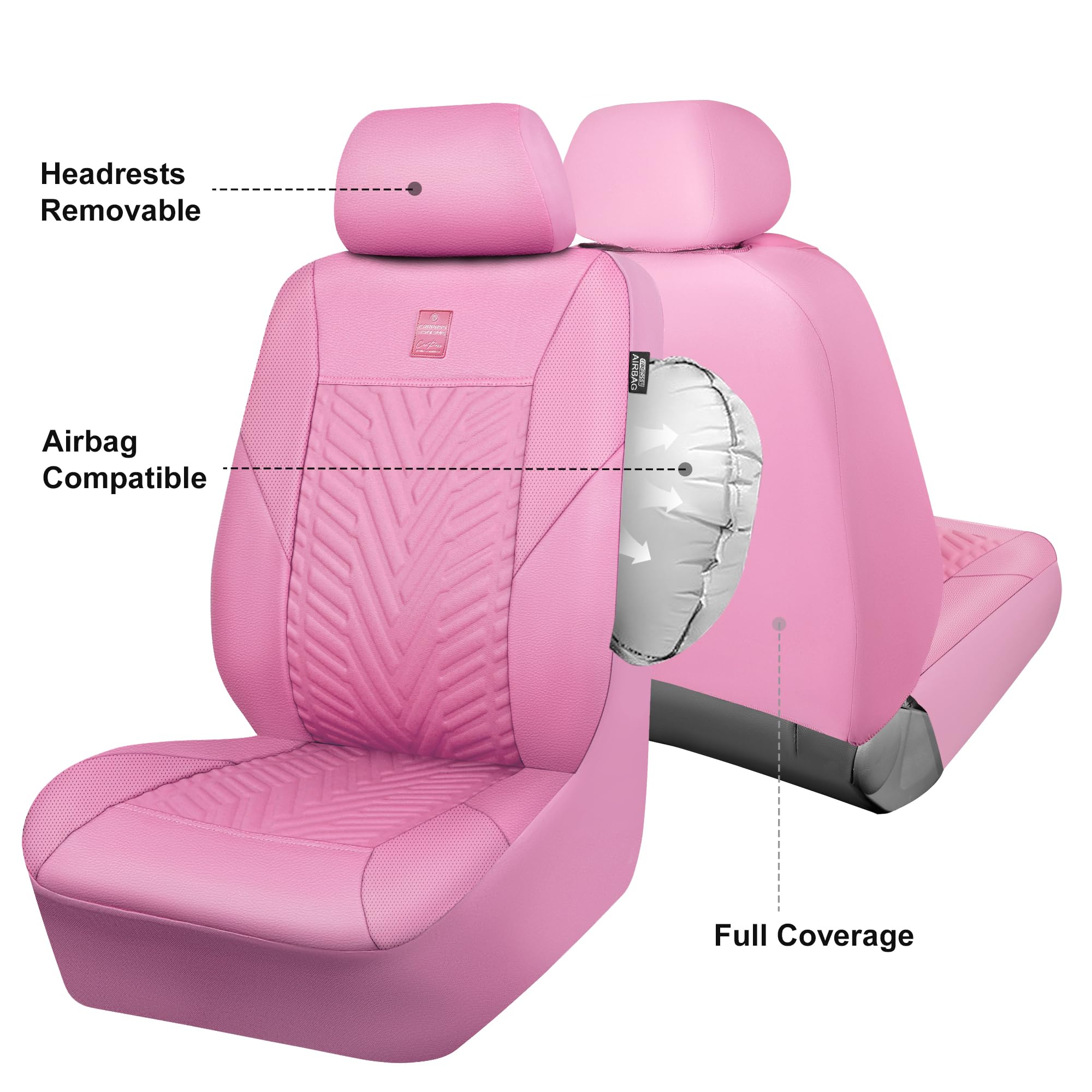 Premium CAR PASS Deluxe Faux Leather Car Seat Covers - 2 Front Seats Only, 3D Tire Embossed Waterproof Pink Seat Protectors | Airbag Compatible, Universal Fit for SUV, Truck & Automotive | Perfect for Daily Commute, Road Trips & Vehicle Protection (Pink)