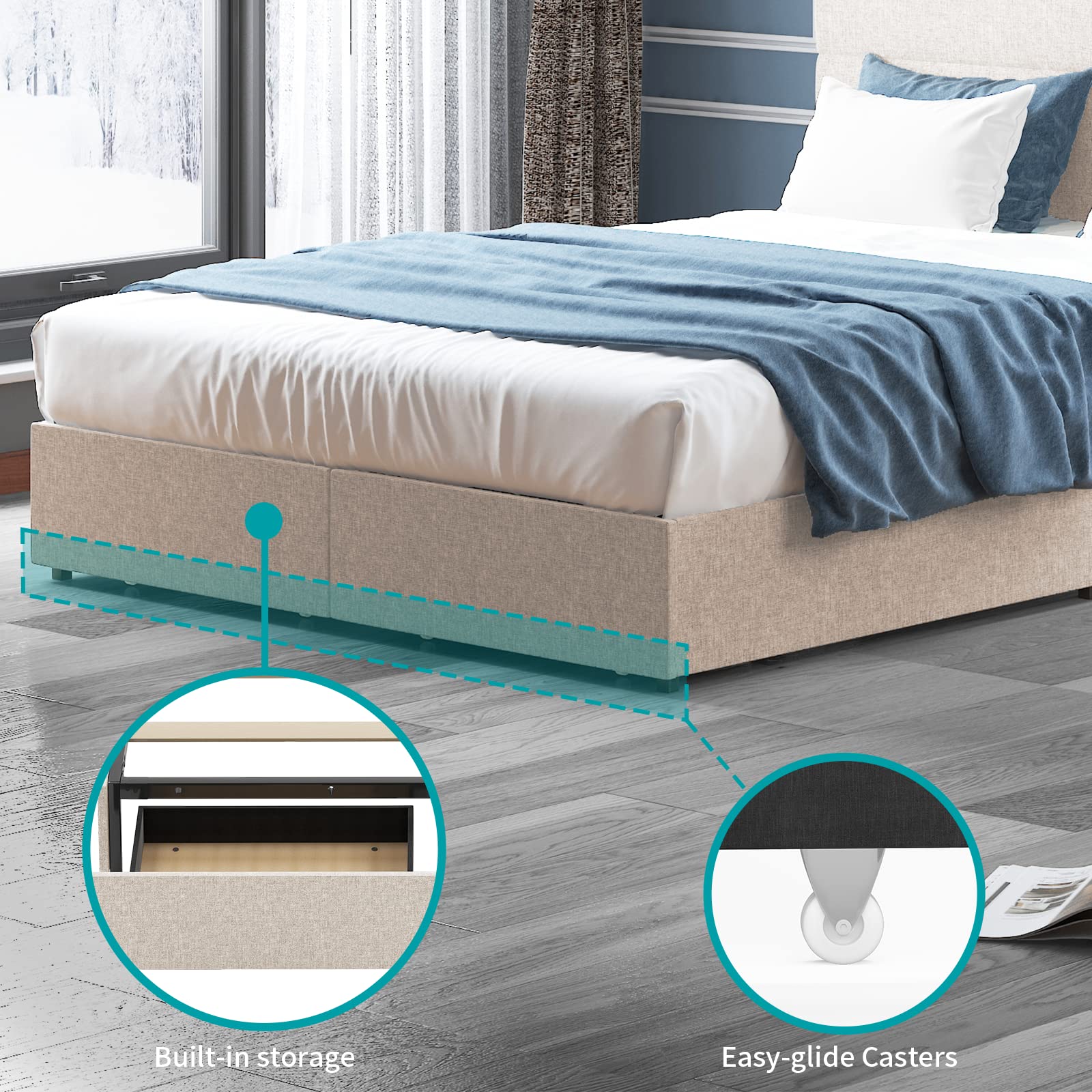 BALUS King Size Upholstered Platform Bed Frame with Large Storage Space, Mobile Wheels & Adjustable Headboard - Beige (King) | Perfect for Small Bedrooms, Guest Rooms & Modern Home Decor