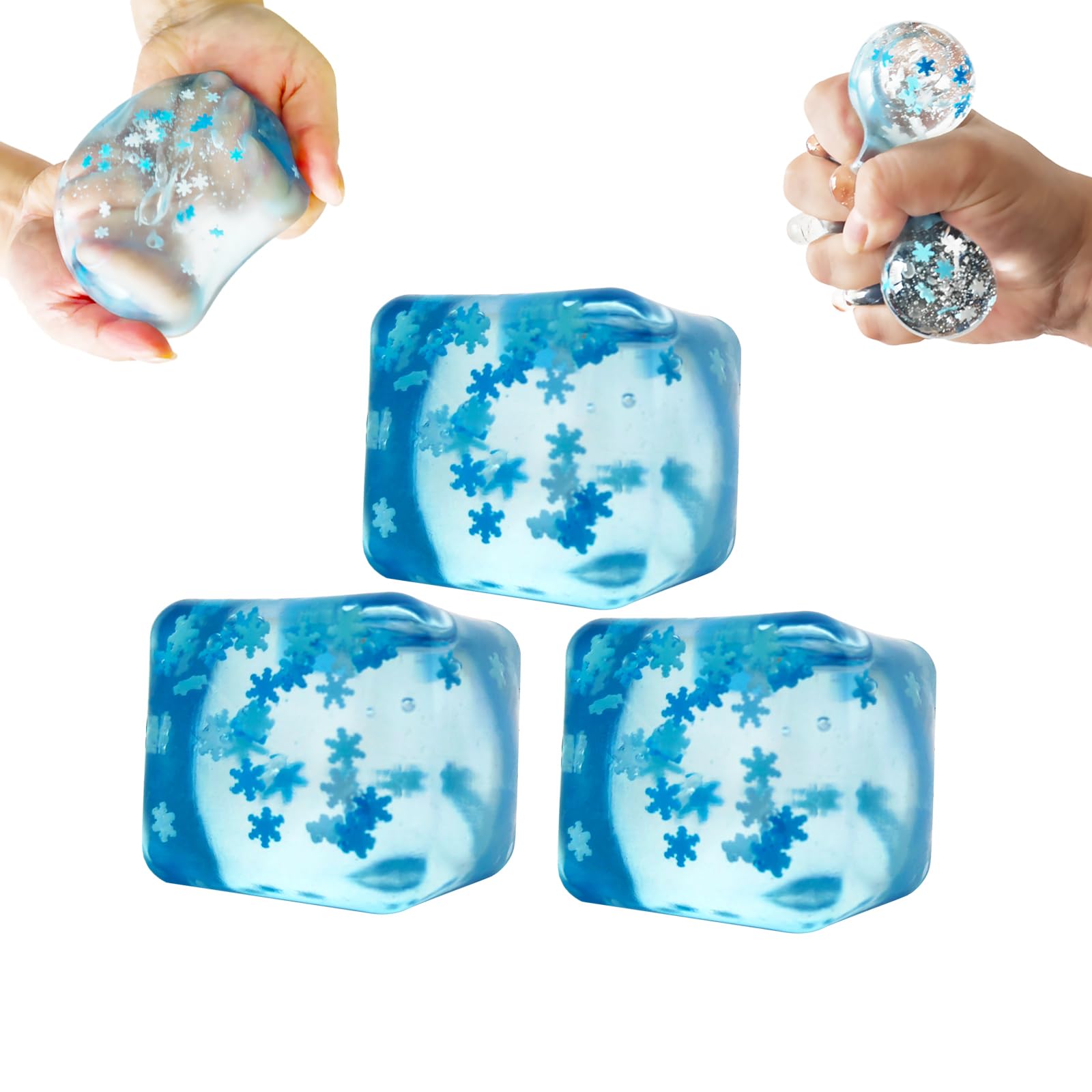 3 Pack Blue Ice Cube Stress Balls with Snowflakes Inside - Squishy Fidget Sensory Toys for Anxiety Relief, ADHD & Stress Management - Fun Squeeze Toys for Kids & Adults - Perfect for Office, Classroom & Home Use