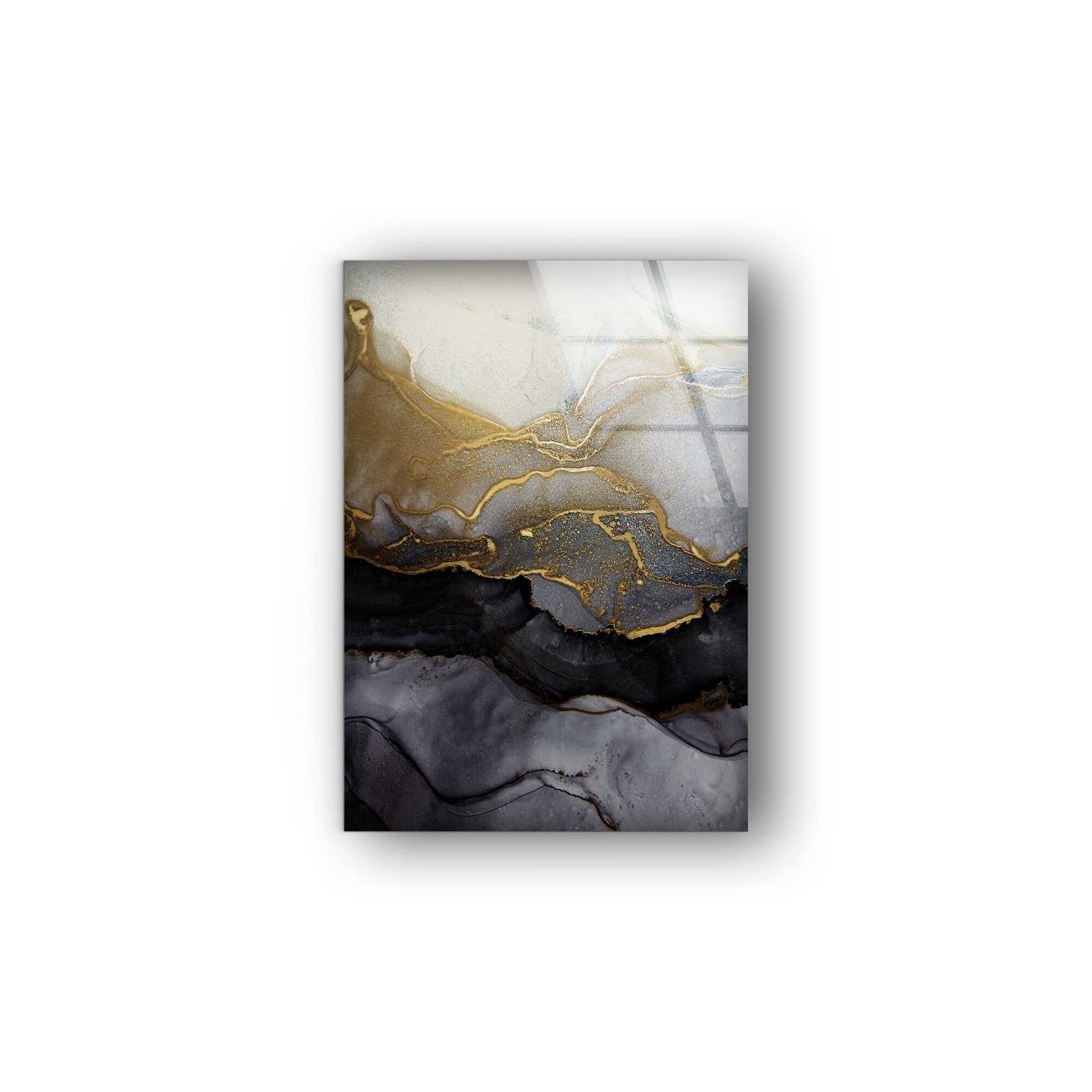 Black and Gold Alcohol Ink Glass Wall Art - Handmade Modern Abstract Decor for Living Room, Bedroom, Office