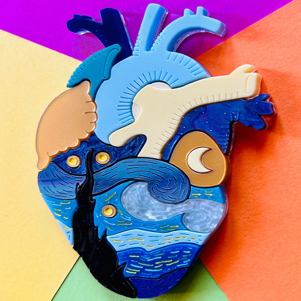 Vincent Van Gogh Starry Night Acrylic Brooch - Anatomical Hearts Collection by Makokot Design - Unique Art Jewelry for Art Lovers, Gift for Artists & Van Gogh Fans
