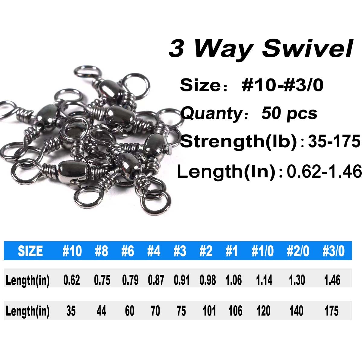 50pcs Stainless Steel 3-Way Fishing Swivels - T-Turn Triple Swivel Connectors for Saltwater & Freshwater Fishing Lures | Black Nickel Cross-Line Barrel Swivel Tackle Accessories | Perfect for Bass, Trout & Deep Sea Fishing