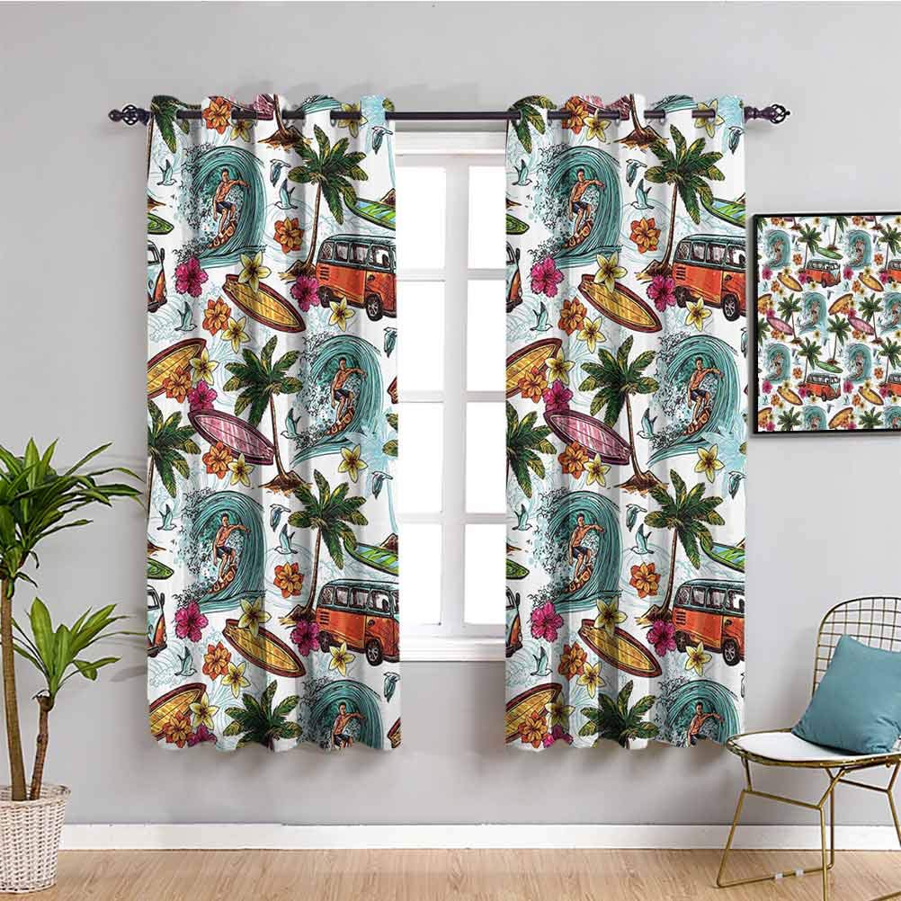 Ocean Themed Blackout Curtains - Wavy Deep Sea Retro Surfing Print with Hawaiian Palms & Flowers - 42x63 Inch for Living Room or Bedroom - Perfect for Beach House Decor, Coastal Theme Rooms & Surf Lovers
