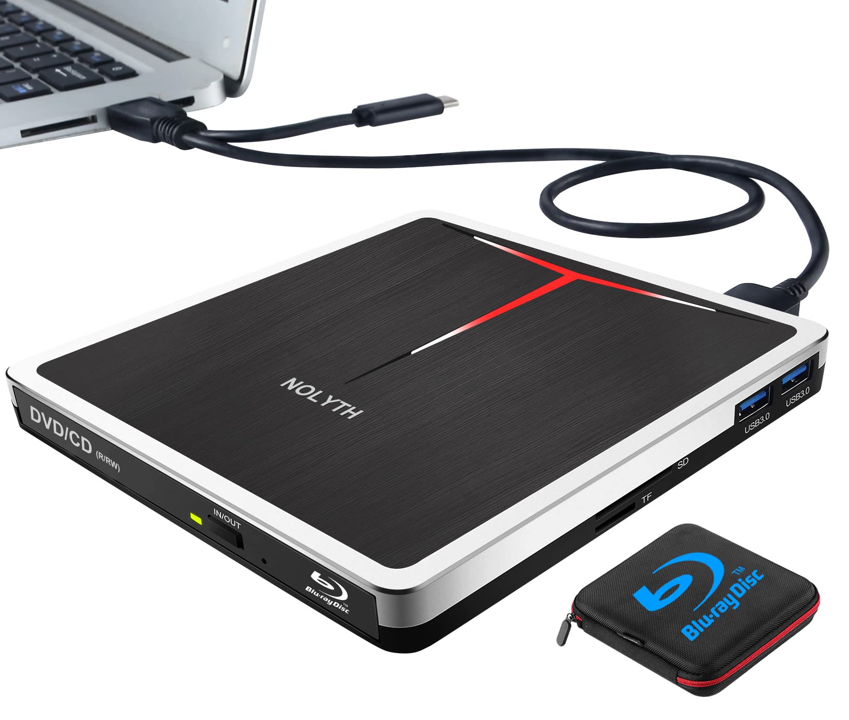 NOLYTH External Blu Ray DVD Drive USB 3.0 & Type-C - Slim Portable Blu-ray Burner Player with SD/TF Card Reader & USB Port - Compatible with Laptop, PC, Mac, Windows, MacBook - Watch Movies, Backup Files, Burn Discs