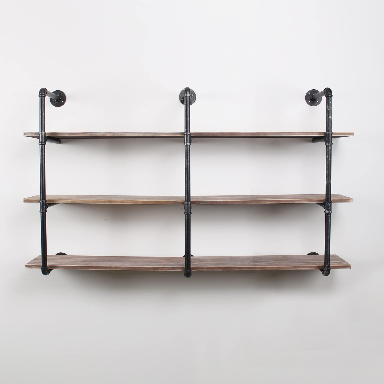 Industrial Pipe Shelving Wall Mounted - 63 Inch Rustic Metal Floating Shelves, Steampunk Style Solid Wood Bookshelves - Heavy Duty Wall Shelf Unit for Farmhouse Kitchen, Bar, Living Room & Office Storage (3 Tier)