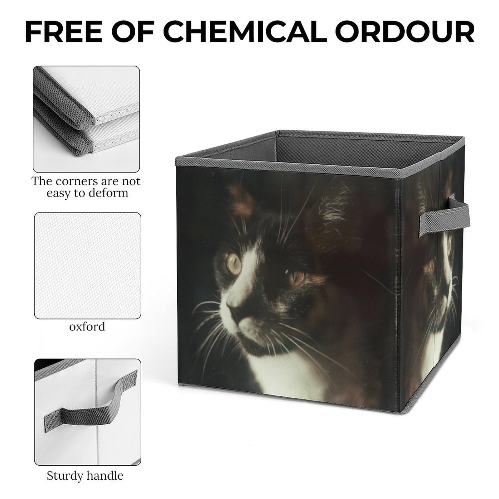 Foldable Storage Bins with Handles - 10.6x10.6 Inch Collapsible Cube Organizer Baskets for Home, Office & Closet - Cat with White Eyes Printed Design - Perfect for Toys, Books & Clothes Organization
