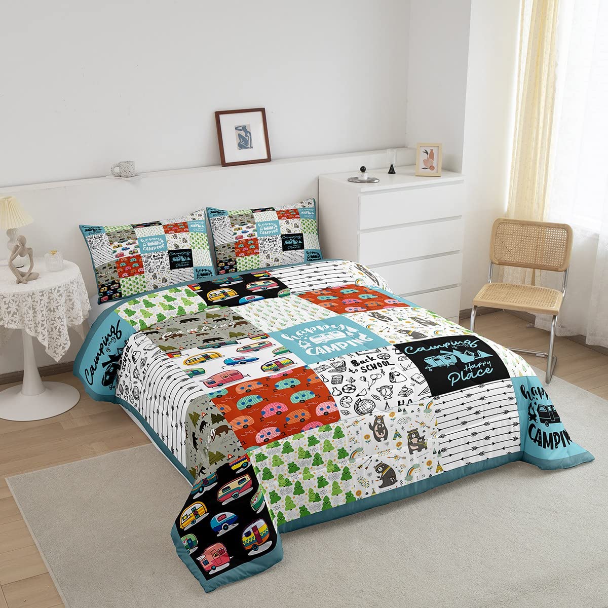 Feelyou Camping Theme Bedding Set - Kids Camper Comforter Set with Travel Car Pattern, Queen Size Duvet Cover for Boys & Girls | Perfect for Camping Trips, RV Adventures & Cozy Bedroom Decor
