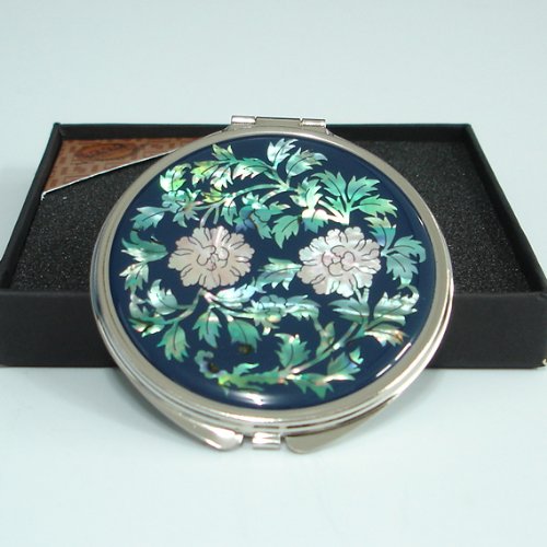 2X/1X Magnification Compact Mirror with Mother of Pearl Design - Dual-Sided Travel Makeup Mirror for Women, Portable Metal Handheld Cosmetic Mirror for Purses & Travel, Perfect Gift for Mom (Flower Blue) - Ideal for Touch-Ups On-The-Go, Home Vanity & Travel Makeup Essentials