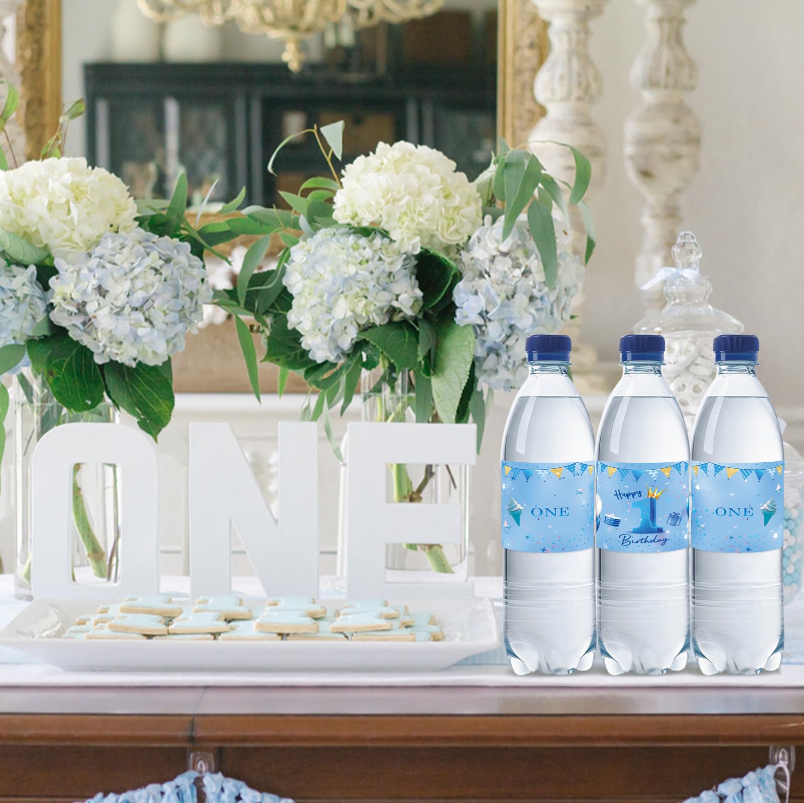 32pcs Blue Happy 1st Birthday Water Bottle Labels - Balloon Blue Glitter Cheers to One Year Old Stickers - 1st Birthday Party Decorations - Baby Shower, Anniversary Celebration Supplies - Perfect for Birthday Parties, Baby Showers & Special Events