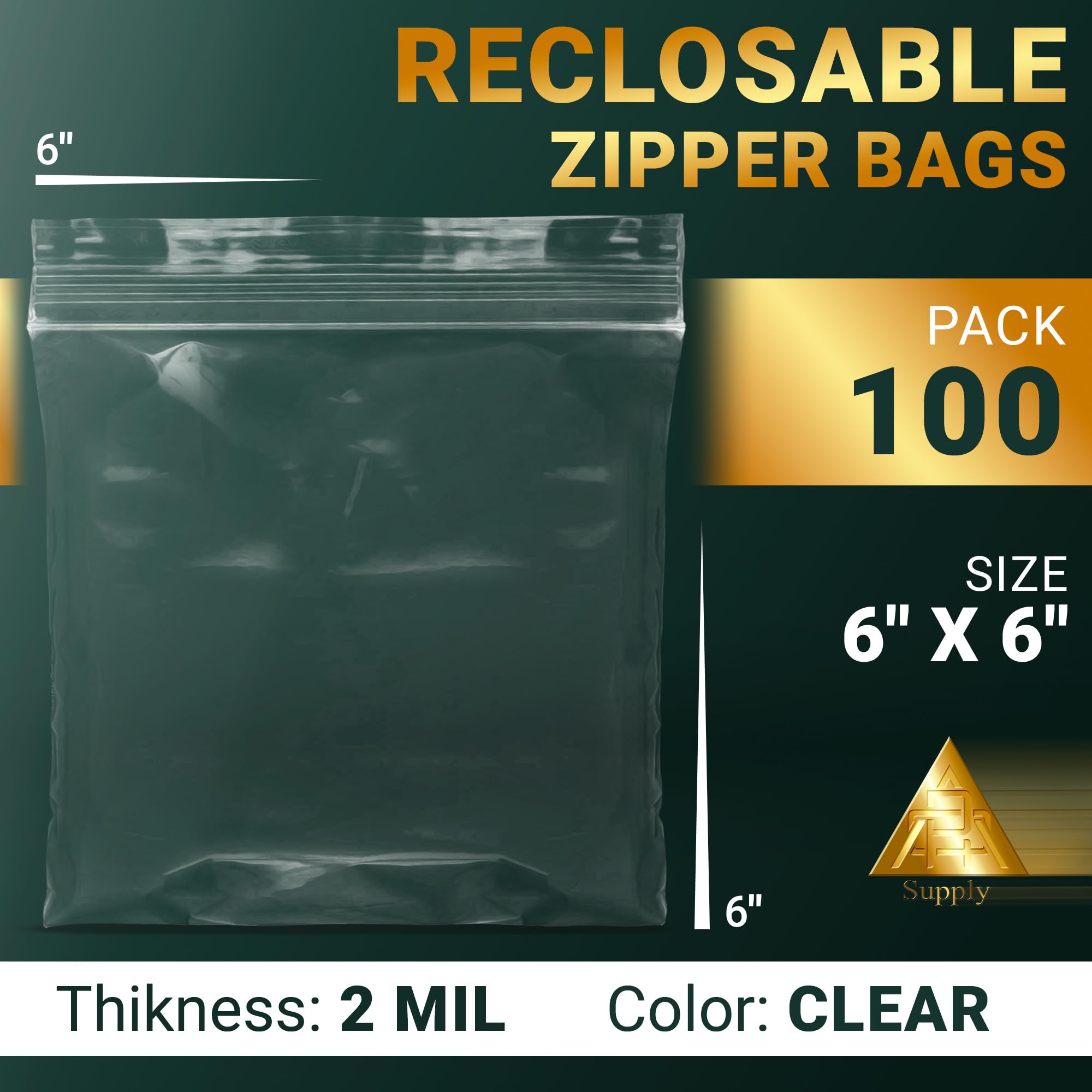 100 Pack 6x6 Inch Clear Reclosable Zipper Bags - 2 Mil Thick Resealable Plastic Storage Bags | High Clarity Polypropylene Zip Bags for Food, Crafts, Office Supplies & Small Parts Organization