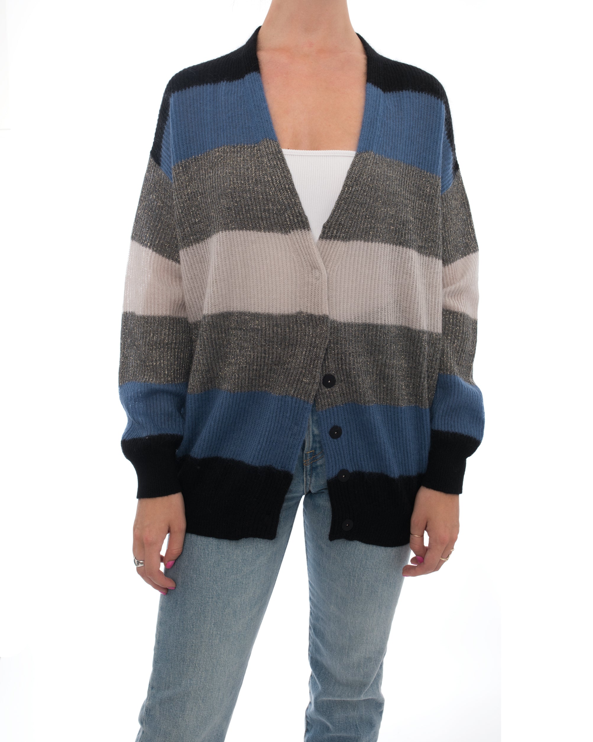 Brunello Cucinelli Blue Grey Color Block Striped Cardigan Sweater for Women | Luxury Cashmere Blend | Perfect for Office Wear & Casual Outings