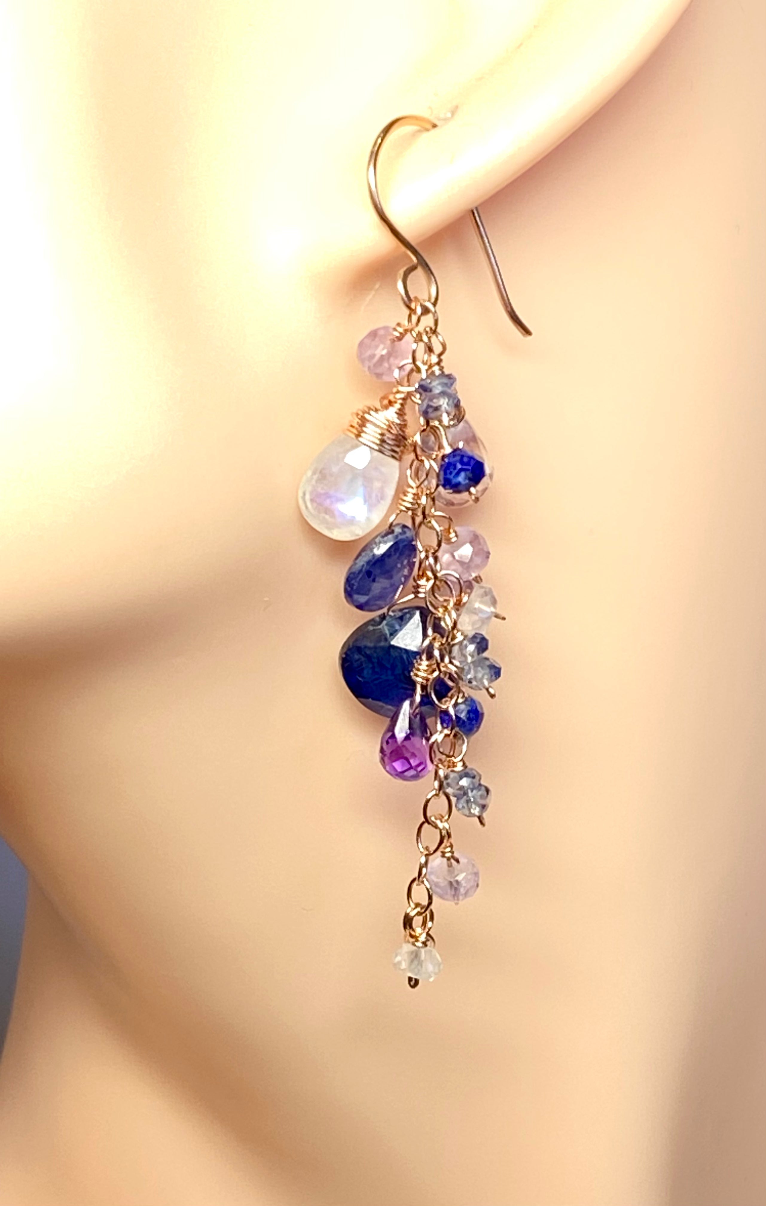 Blue Violet Rose Gold Dangle Earrings with Moonstone, Kyanite, Amethyst & Violet Quartz Gemstones – Elegant Boho Jewelry for Women, Perfect for Weddings, Parties & Everyday Wear