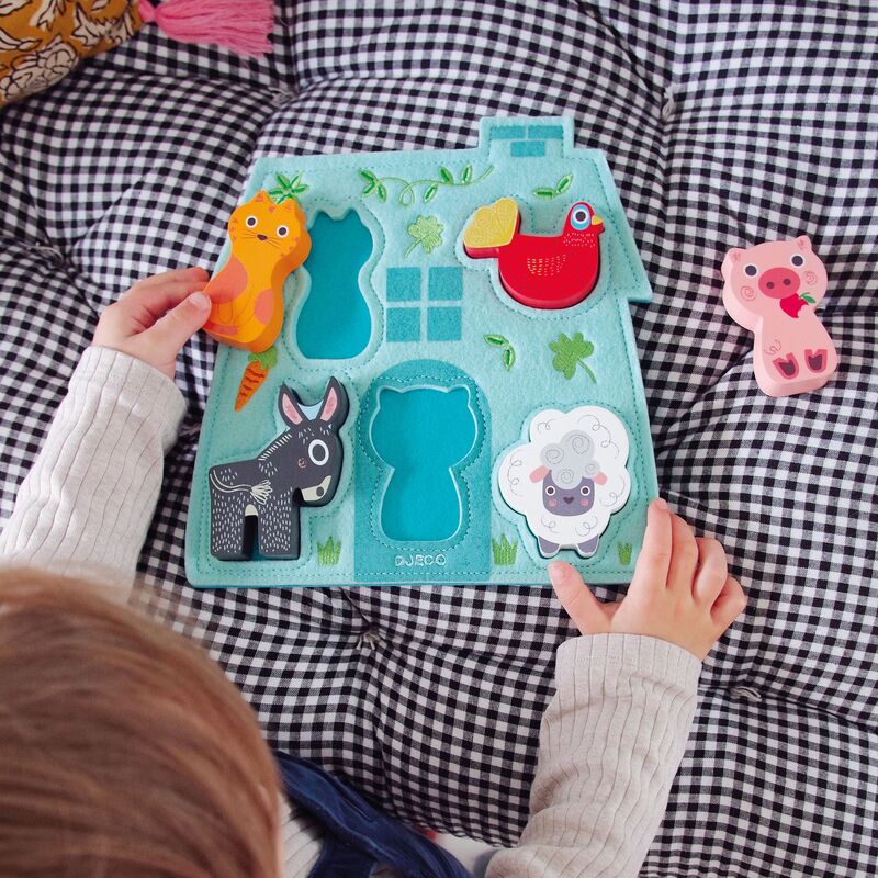 5-Piece Mouki Farm Animal Wooden & Felt Puzzle Set - Educational Toddler Learning Toy for Kids Ages 2-4 - Perfect for Montessori, Preschool & Home Playtime