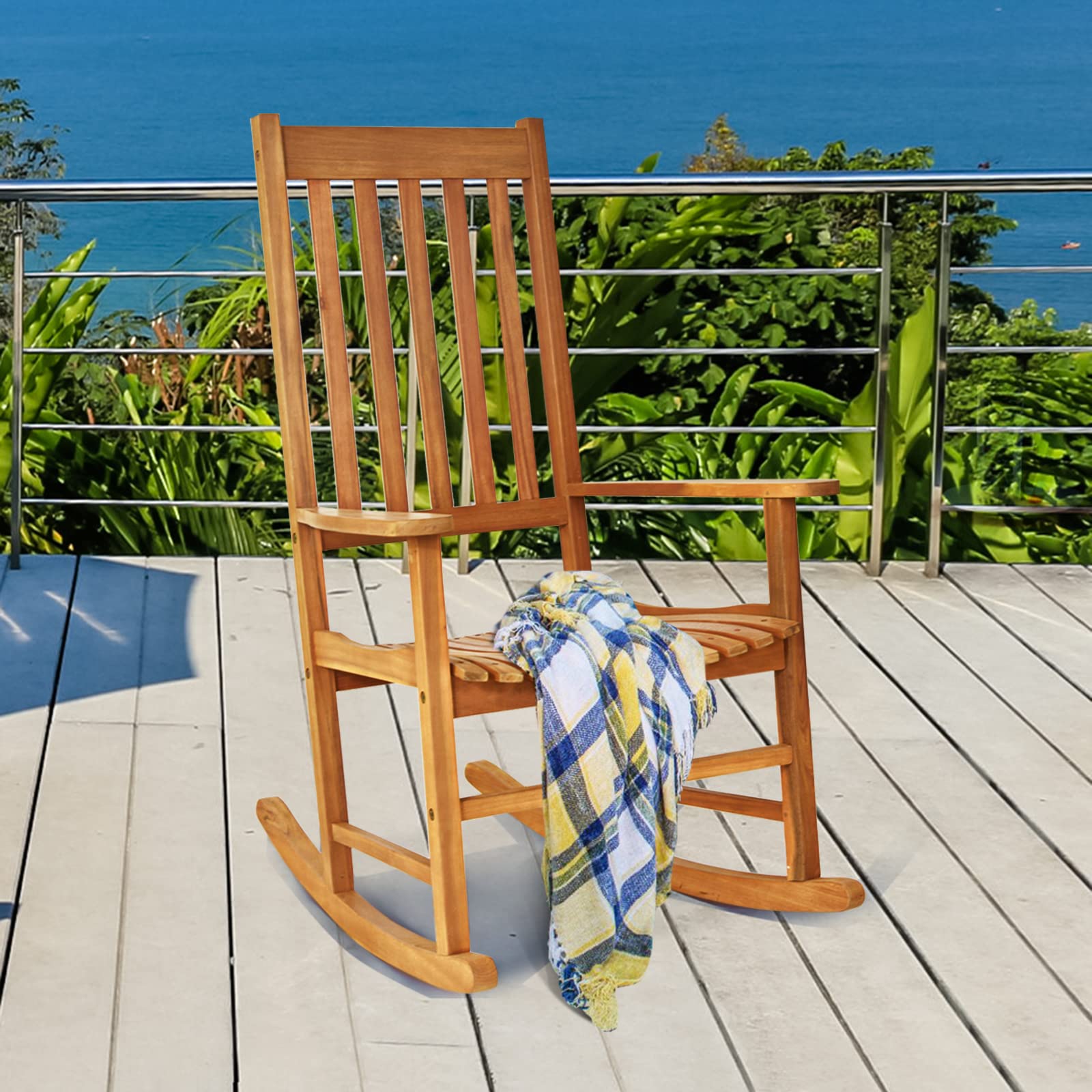 Tangkula Acacia Wood Porch Rocking Chair Set - 2-Piece High Back Wooden Rocker with Armrests for Indoor & Outdoor Use - Perfect for Patio, Garden, Lawn, Balcony, Backyard, and Poolside Relaxation (Teak Finish)