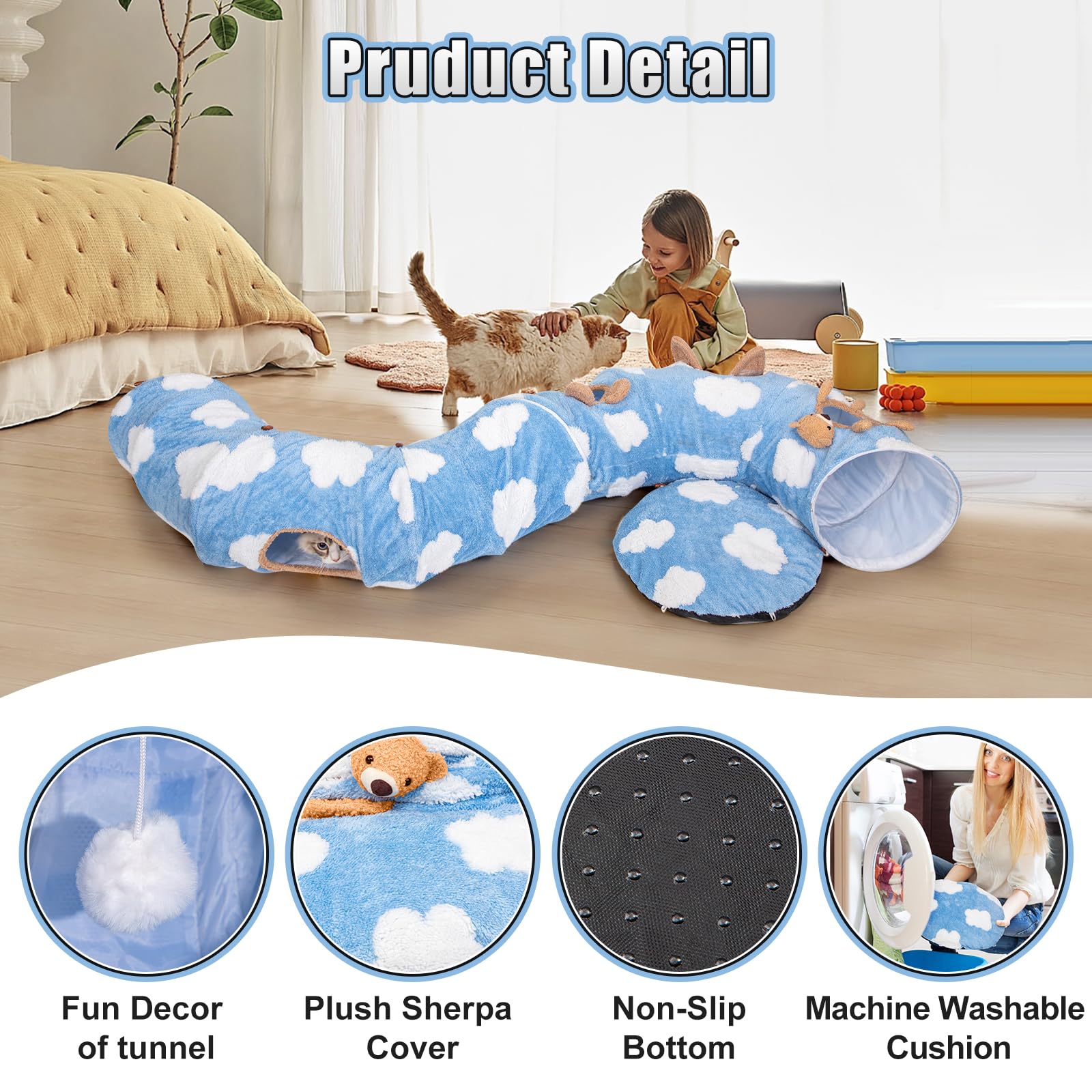 Washable Cat Tunnel Bed with Circle Cushion - Multifunctional Peekaboo Cat Cave & Donut Tube for Indoor Cats, Kittens, Puppies, Rabbits & Ferrets (Sky Blue) - Perfect for Playtime, Napping & Hide-and-Seek Games