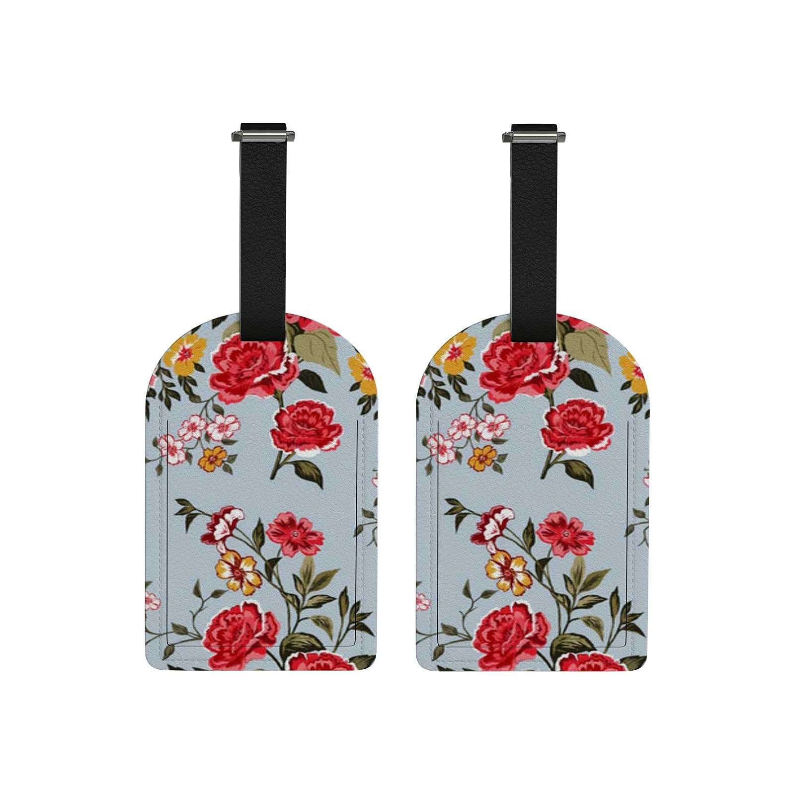 Red Flower Print Travel Luggage Tags with Name ID Card - 2 Pack PU Leather Suitcase Tag Set for Vacation, Business Trips & Cruise Travel Accessories