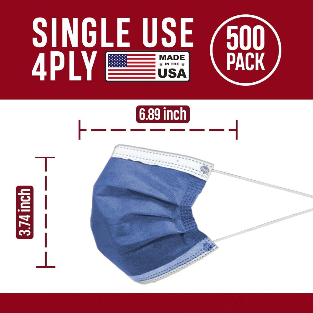 4-Ply Breathable Disposable Face Masks - Made in USA - Comfortable Elastic Ear Loops - Multiple Colors (500 Pack, Denim Blue) - Perfect for Daily Use, Travel, Work & School Protection