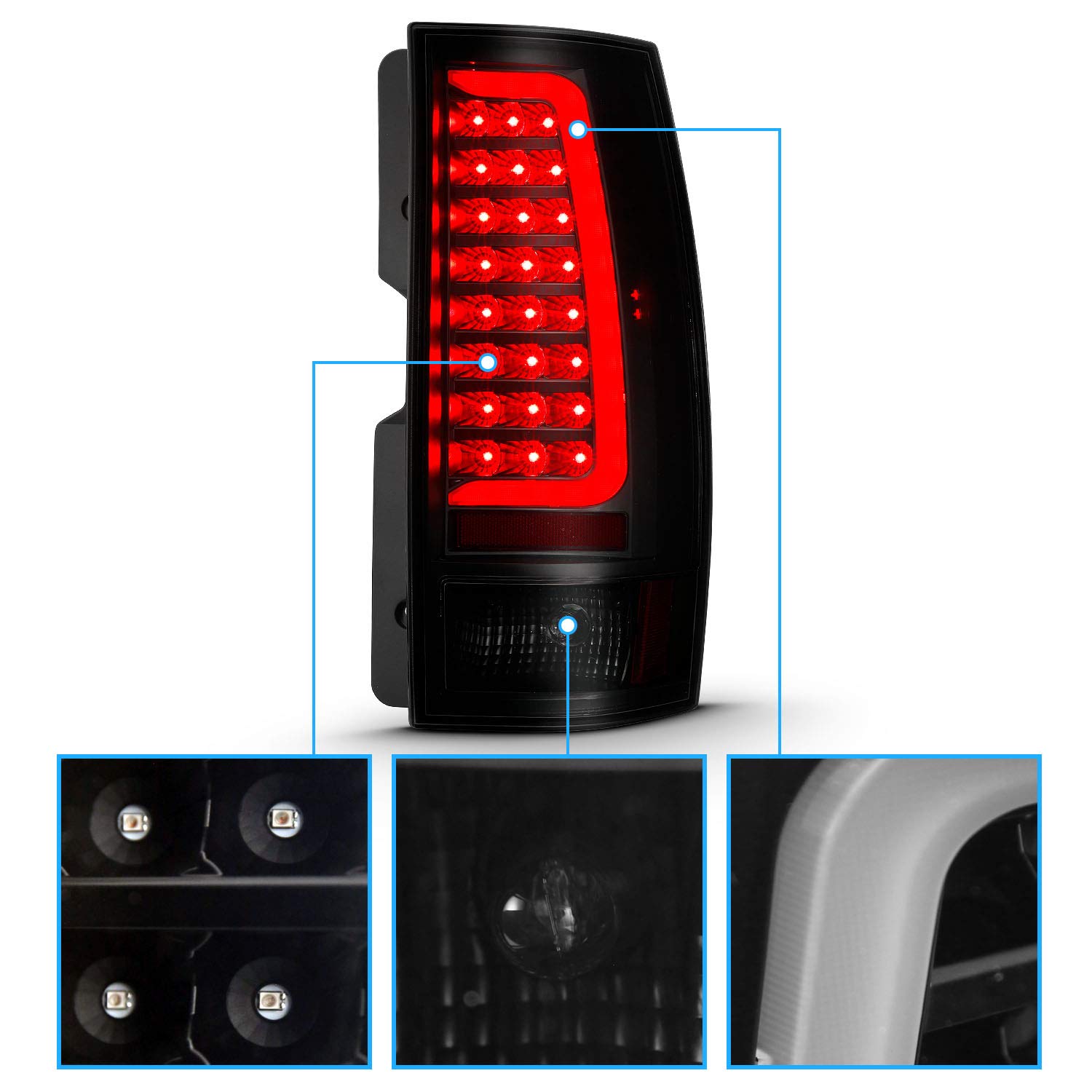 AmeriLite Replacement Dark C-Type LED Tail Lights for 2007-2014 Chevy Tahoe Suburban & GMC Yukon XL Denali - Black Smoke Halogen Tube Light Assembly (Pair) - Perfect for Night Driving and Enhanced Vehicle Style