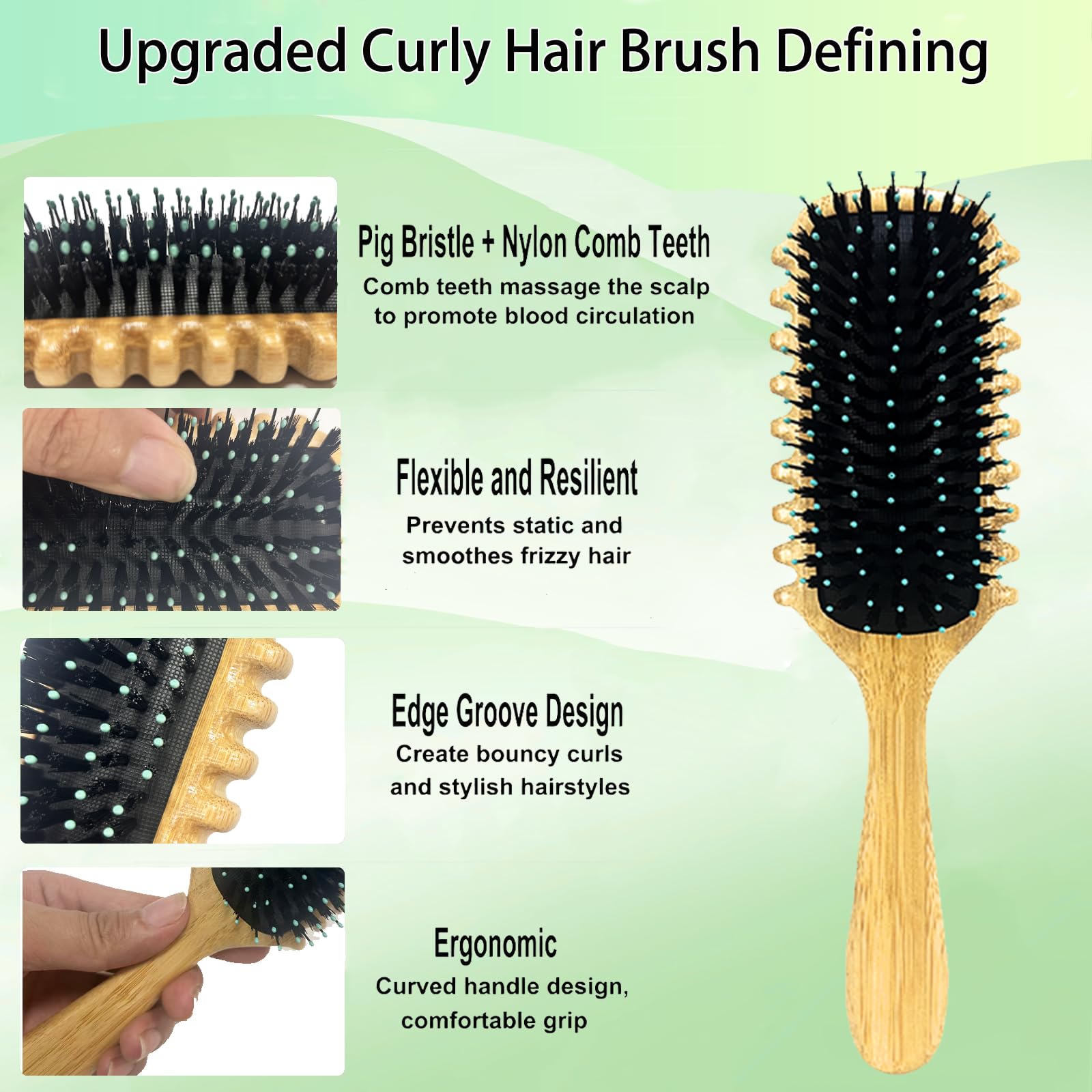 2 Pack Curly Hair Brush for Men & Women - Natural Bamboo Curl Defining Brush for Wet & Dry Hair - Detangling Comb for Curly Hair with Reduced Pulling - Perfect for Salon, Home & Travel Use (Bamboo)