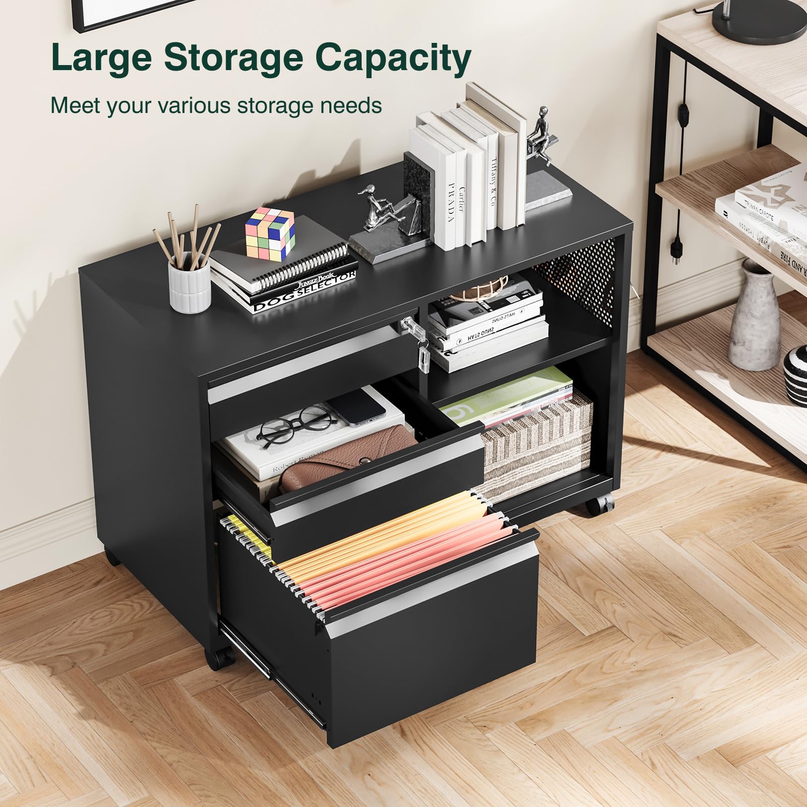 3-Drawer Locking Metal File Cabinet - Mobile Lateral Filing Cabinet with Shelves, Printer Stand for Home Office Storage (Black) | Perfect for Organizing Documents, Office Supplies & Home Workspaces