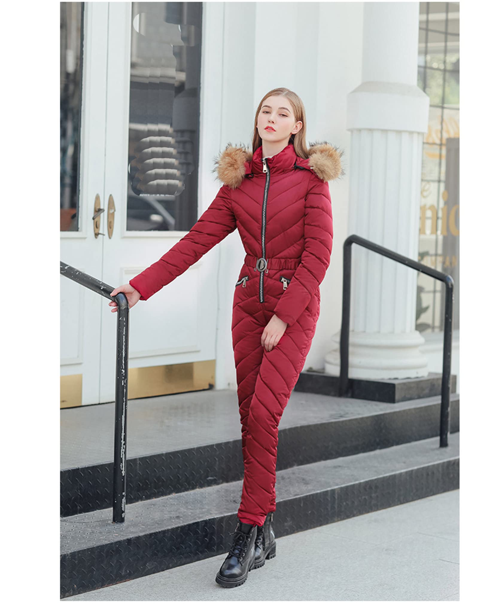 Women's Winter Jumpsuit - Lightweight Warm Windproof Ski Suit with Fur Hood & Collar - Waterproof Snow Coat for Skiing, Snowboarding & Outdoor Winter Activities
