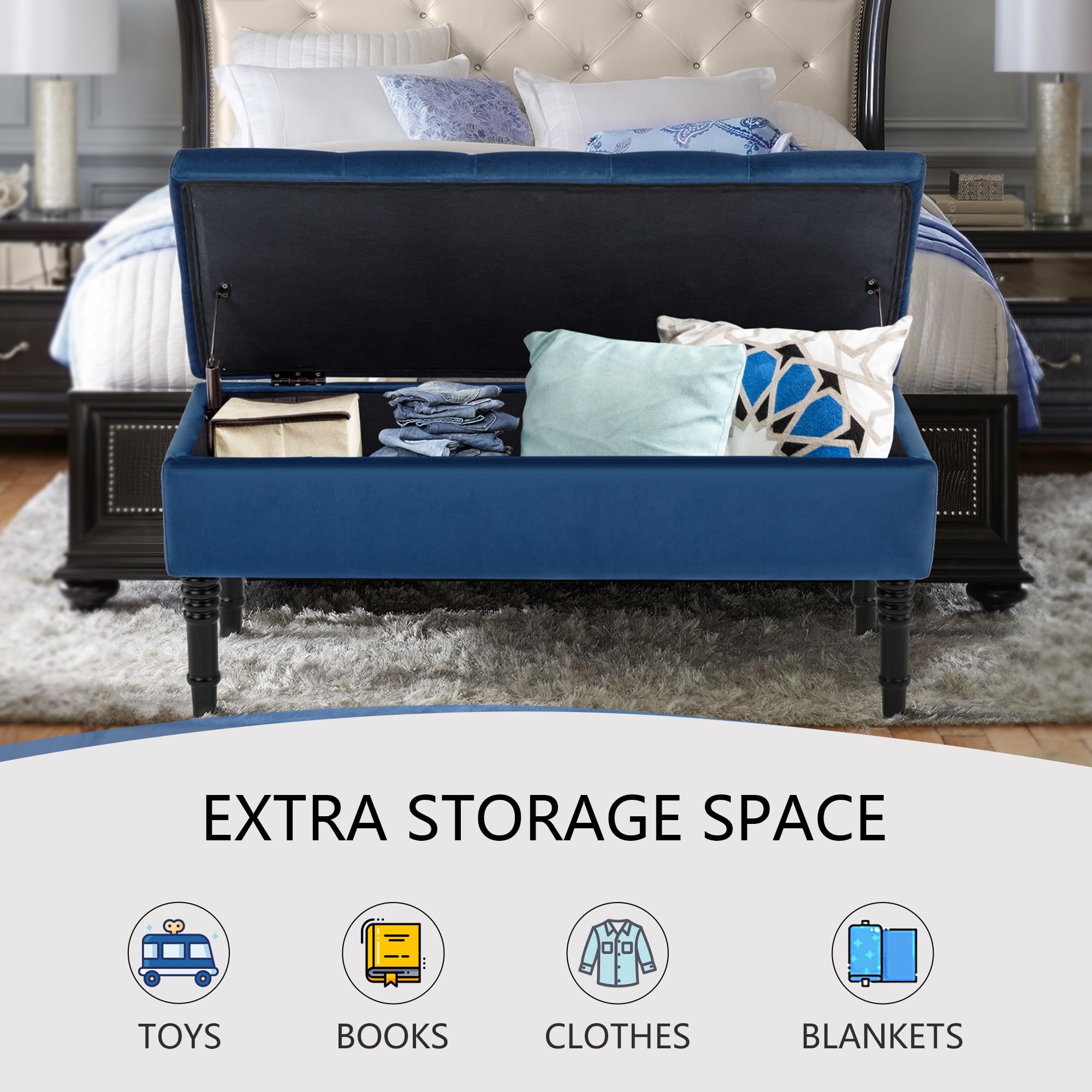 Velvet Storage Bench with Tufted Upholstery - Blue Ottoman Bench for Bedroom, Entryway & Living Room - Multi-Functional Seat with Hidden Storage | Perfect for Small Spaces, Hallway Decor & Bed End Organization