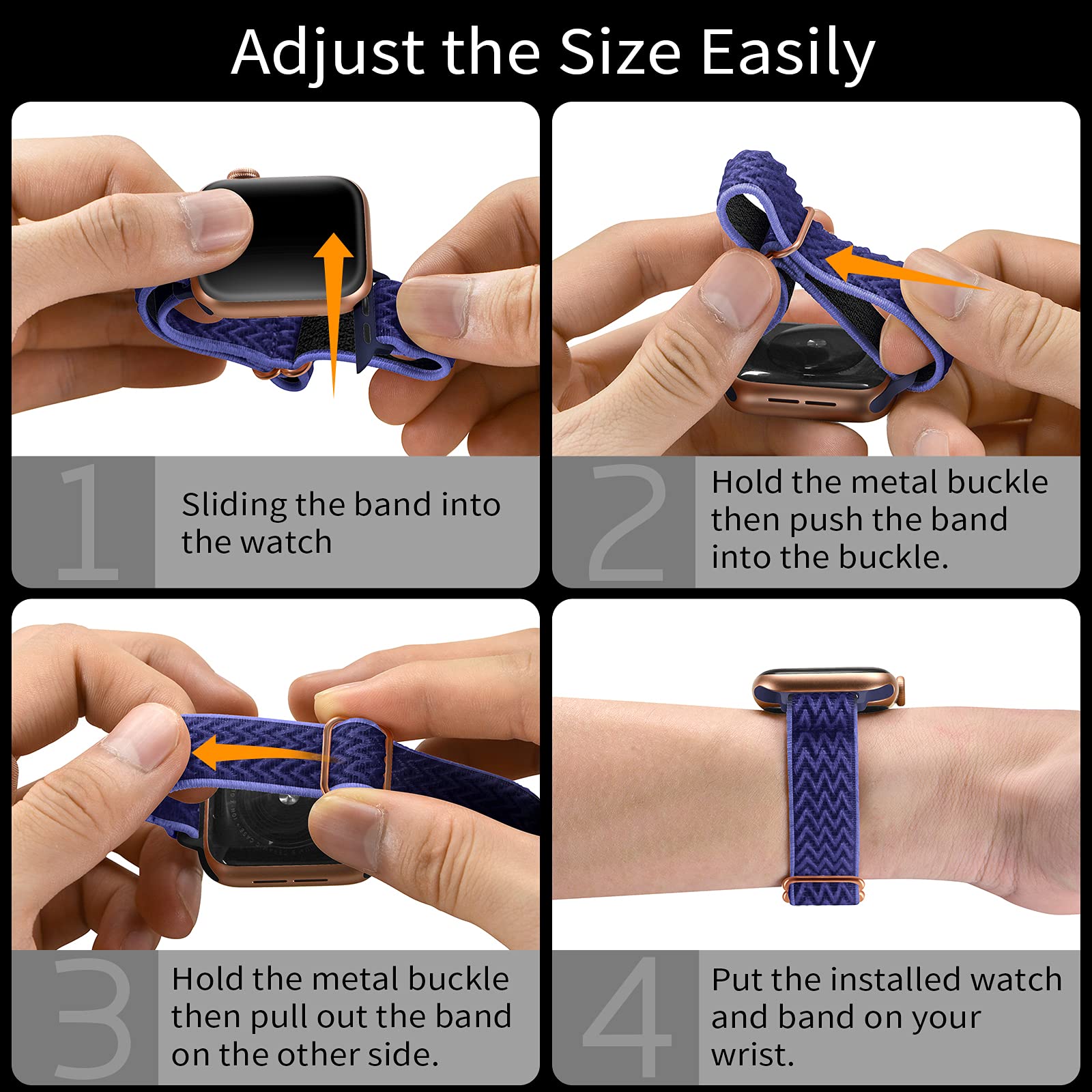 SICCIDEN Slim Stretchy Nylon Apple Watch Band Compatible with iWatch Ultra 2/1, SE & Series 10-1 (46mm/49mm/45mm/44mm/42mm) - Women's Elastic Thin Strap in Midnight Blue & Rose Gold - Perfect for Workouts, Running & Everyday Wear