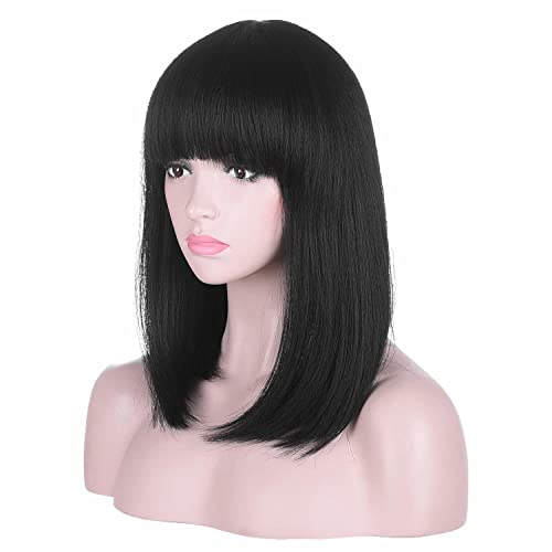 AMZCOS 15 Inch Short Straight Black Bob Wig with Bangs | Heat Resistant Synthetic Hair for Women | Cosplay, Daily Wear & Costume Party