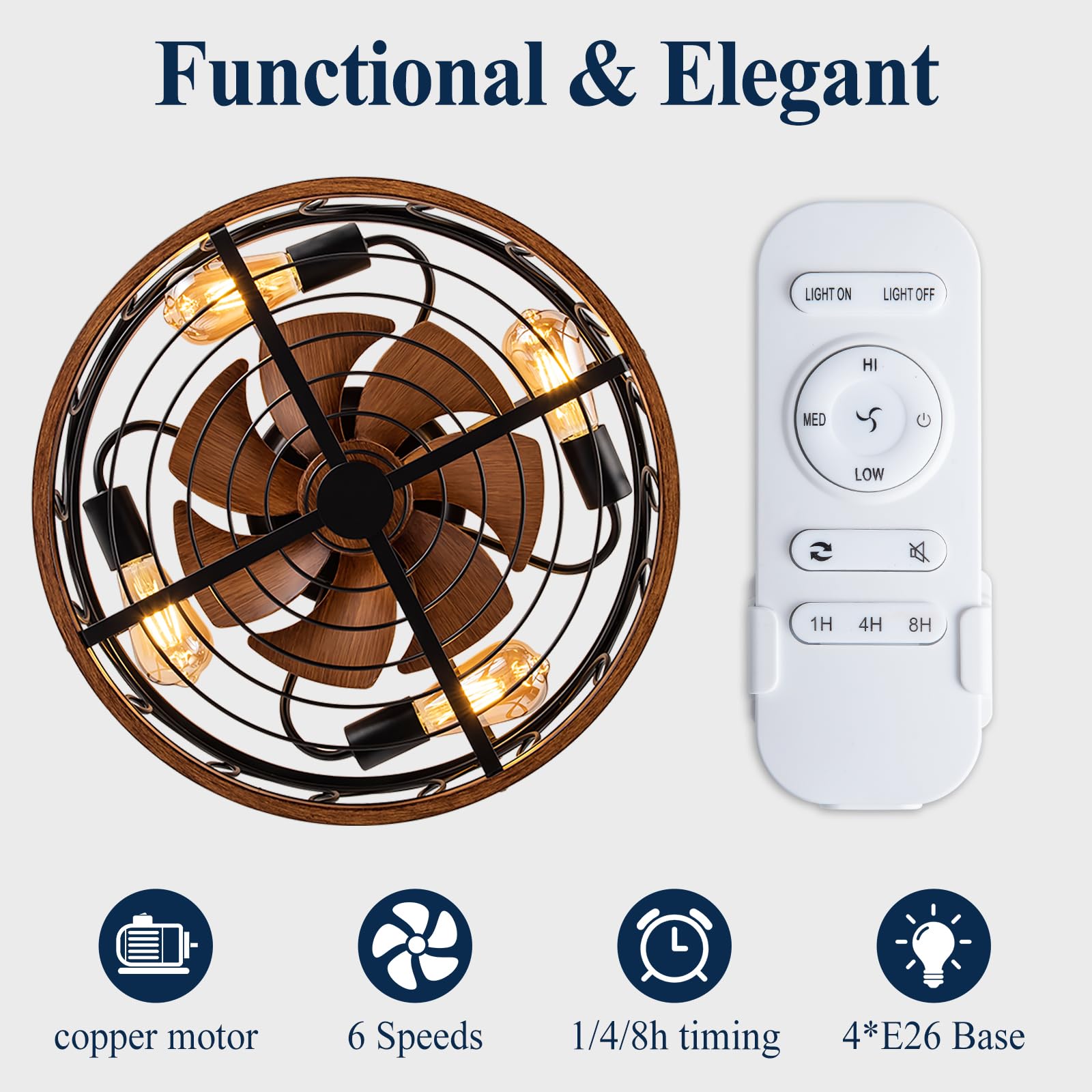 NORFOLK 20'' Bladeless Farmhouse Ceiling Fan with Lights & Remote Control - Low Profile Flush Mount Rustic Cage Lighting (E26 Bulb Base) - Perfect for Bedroom, Living Room, Kitchen, Patio & Outdoor Spaces
