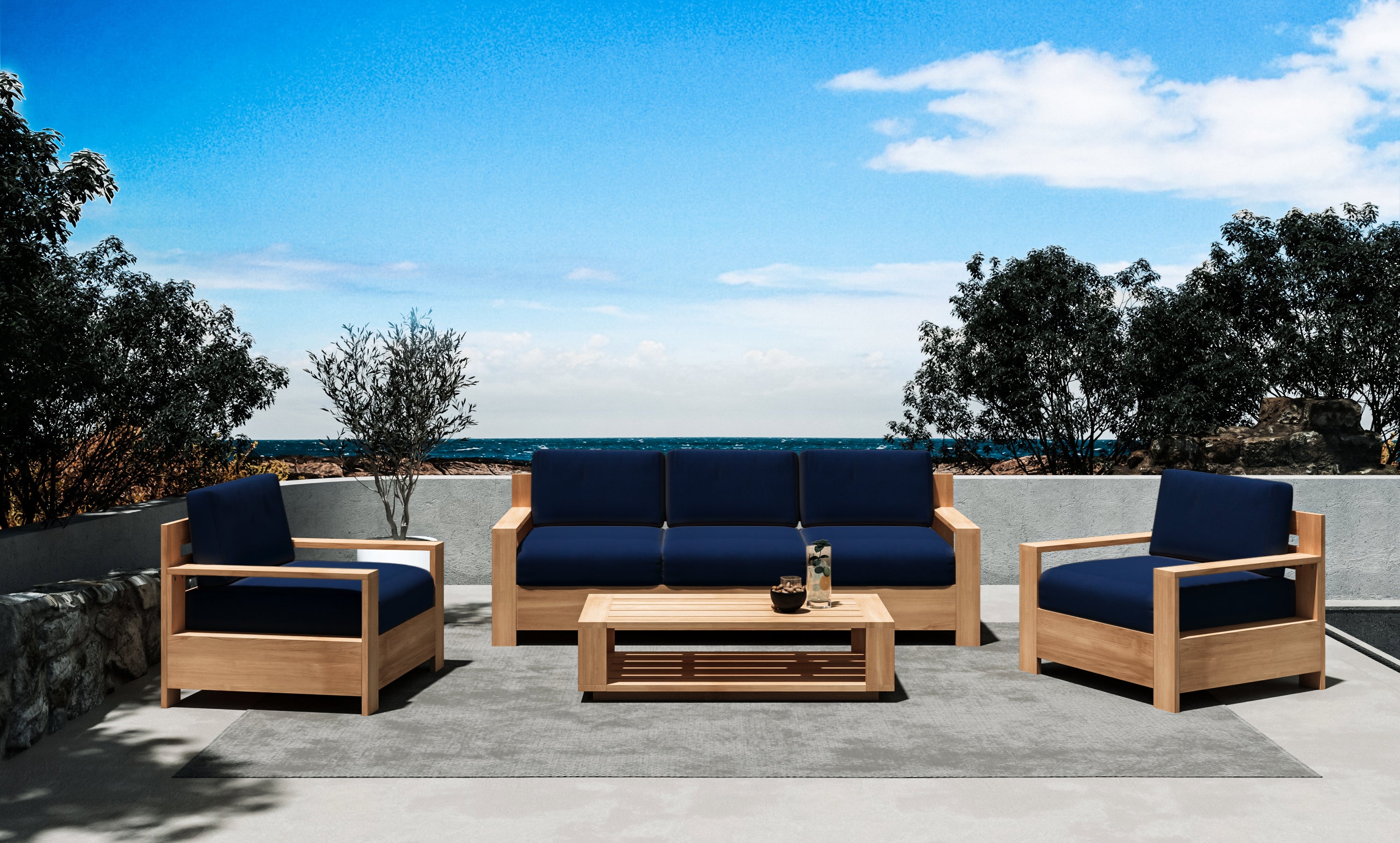 Lothair 4-Piece Teak Outdoor Patio Deep Seating Set with Sunbrella Navy Cushions - Durable All-Weather Furniture for Backyard, Poolside & Garden Relaxation
