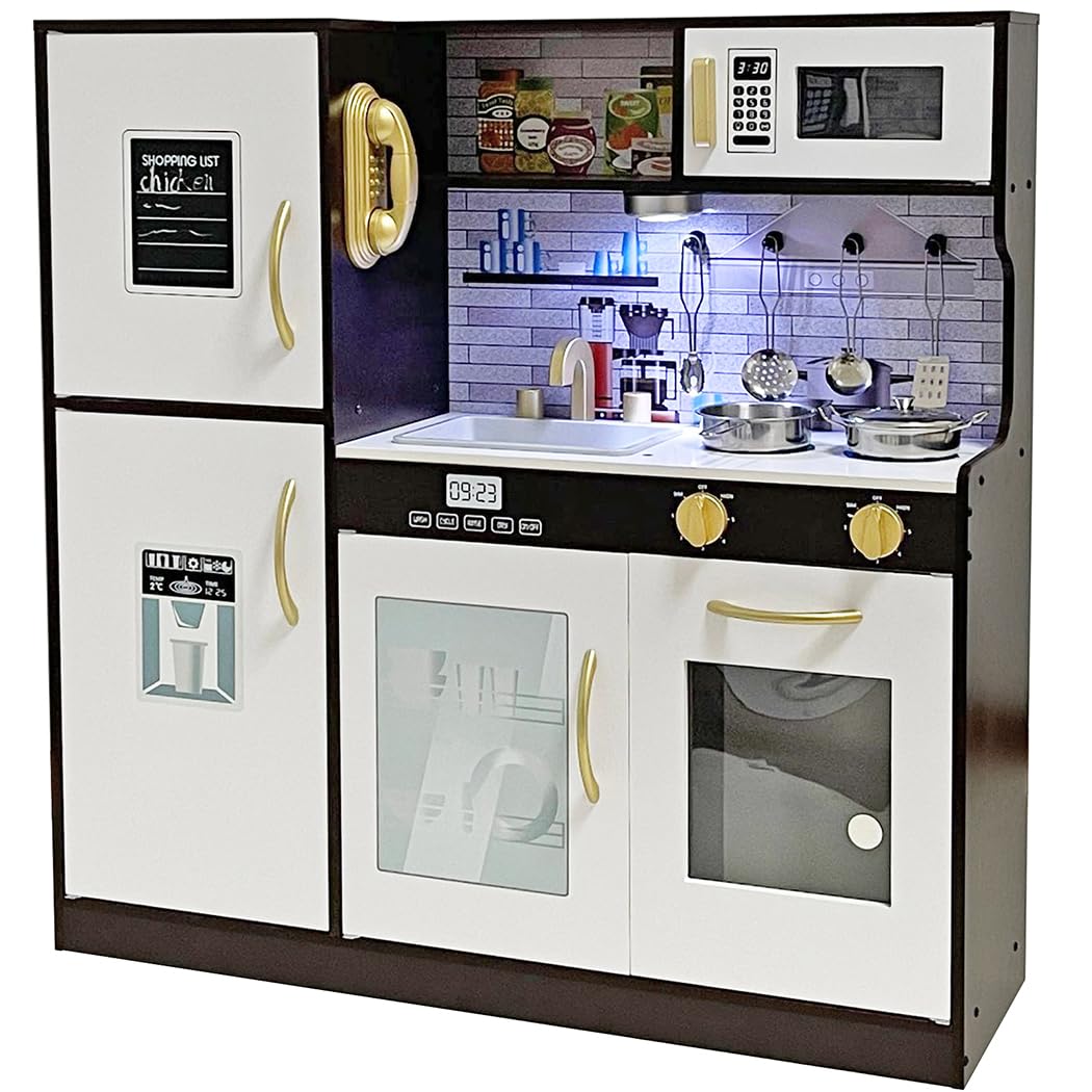 **Wooden Play Kitchen Toy Set with Light & Sound - Pretend Cooking Playset for Kids Ages 3+ with Sink, Oven & Microwave - Educational Toddler Toys for Boys & Girls - Perfect for Imaginative Play & Role-Playing Games**