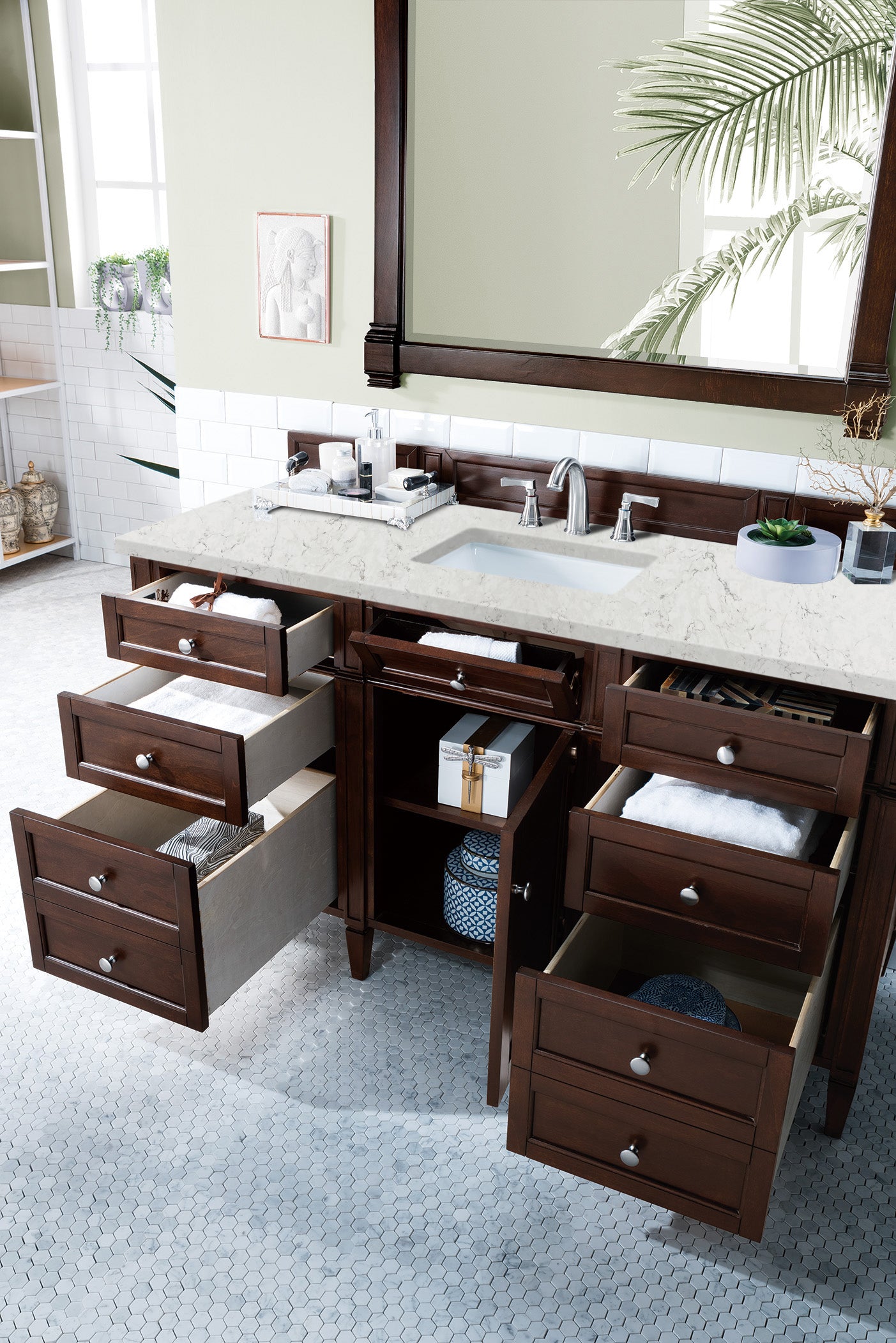 Brittany 60-Inch Burnished Mahogany Single Bathroom Vanity with 3CM Eternal Jasmine Pearl Quartz Countertop - Perfect for Modern Master Bathrooms & Powder Rooms
