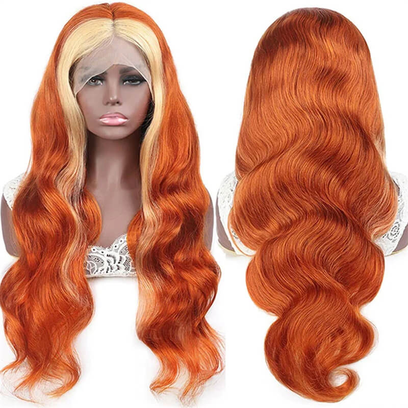Eullair Blonde Highlights Body Wave Human Hair Lace Front Wig - Natural Ginger Color for Women, Perfect for Cosplay, Parties & Daily Wear