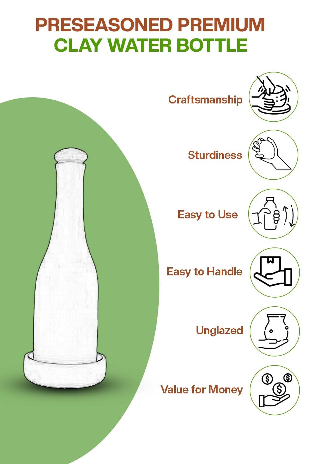 Village Decor Preseasoned Handmade Terracotta Water Bottle with Cork & Tray - 27oz Clay Mud Bottle for Home, Office & Outdoor Use | Natural Cooling Water Storage