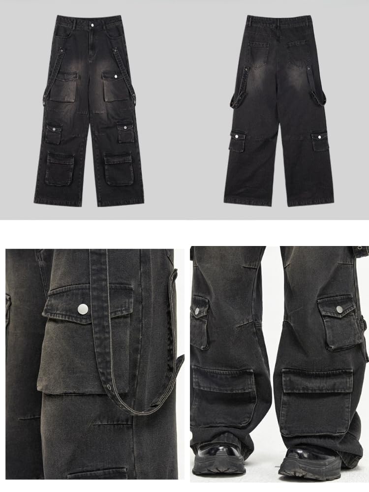 Trendy Baggy Cargo Pants for Men & Women - Y2K Wide Leg Hip Hop Jeans | High Waisted Grunge Streetwear Pants for Casual Wear, Rave Outfits & Urban Fashion