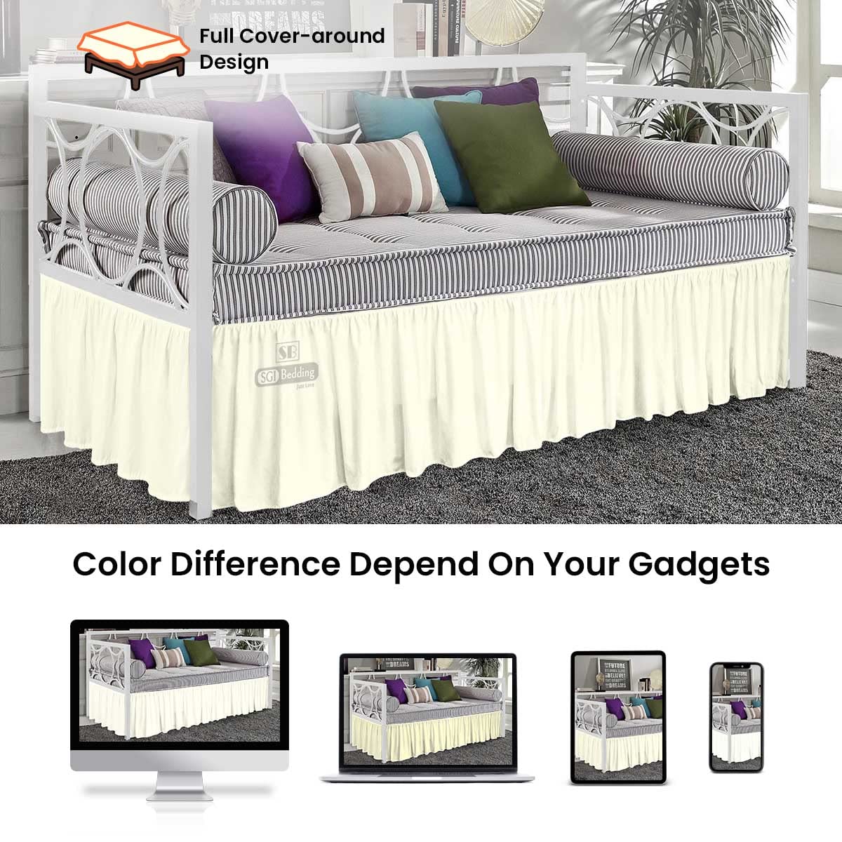 12 Inch Drop Full Size Cream Solid Day Bed Skirt - Stylish Ruffled Split Corner Design - Easy Fit & Wrinkle Resistant Microfiber - Perfect for Guest Beds, Dorm Rooms & Home Decor