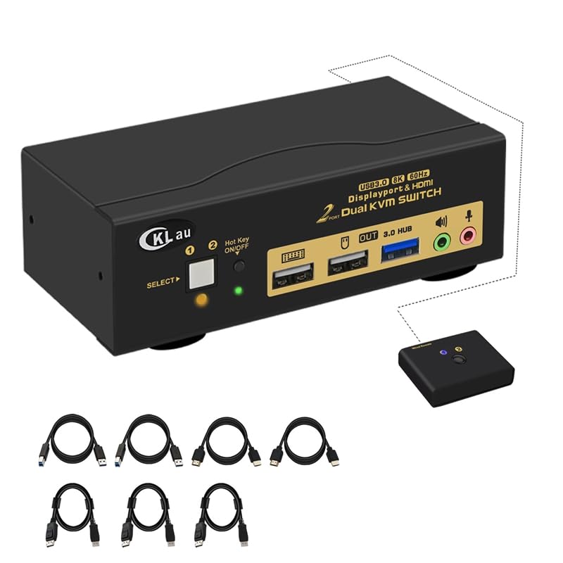 CKLau 2 Port USB 3.0 KVM Switch - Dual Monitor Support, DisplayPort 1.4 & HDMI 2.1 - 8K@60Hz, 4K@144Hz with Audio Output & Included Cables - Ideal for Home Office, Gaming & Multi-Tasking Workstations